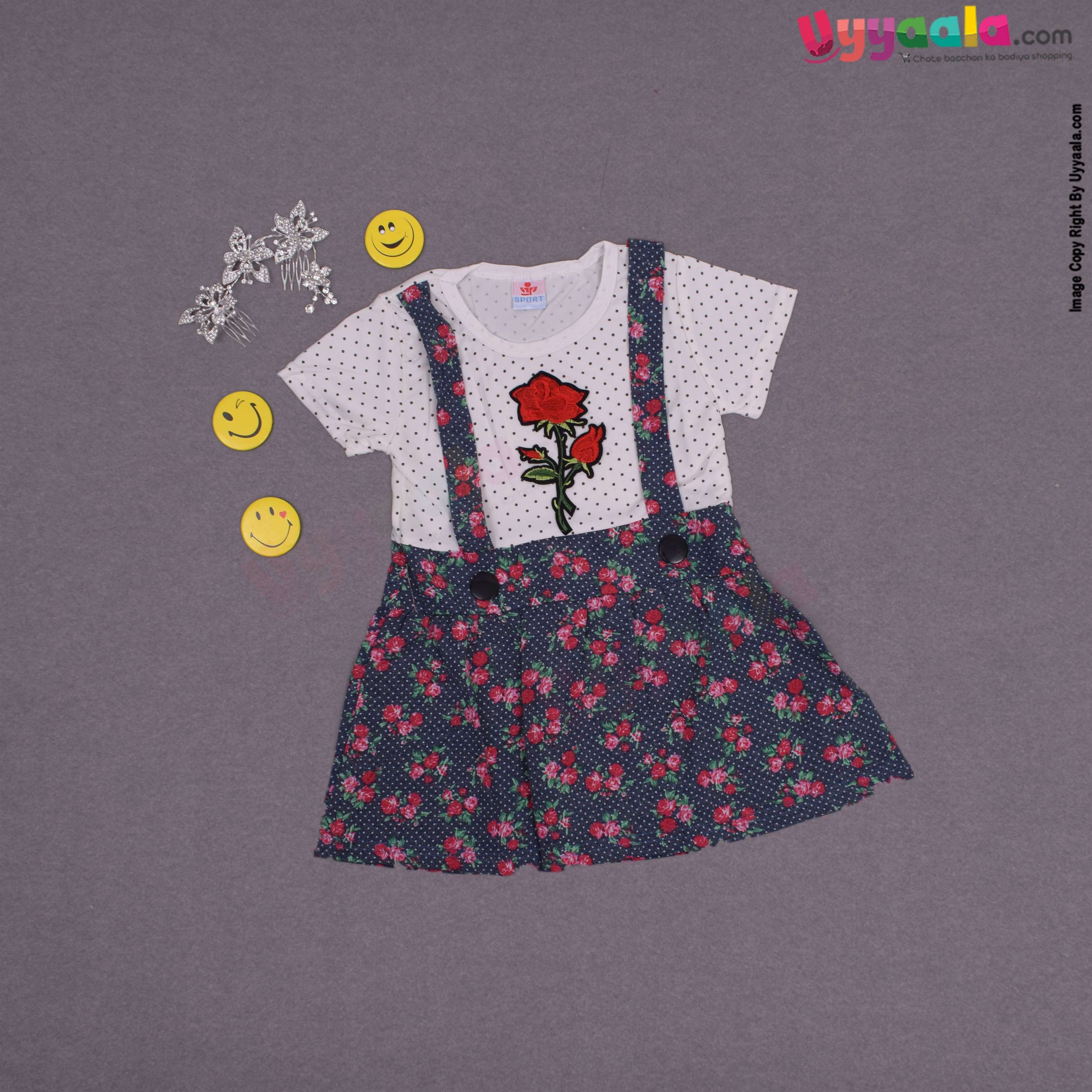 SPORT Party wear frock for baby girl with flower patch- white and navy blue