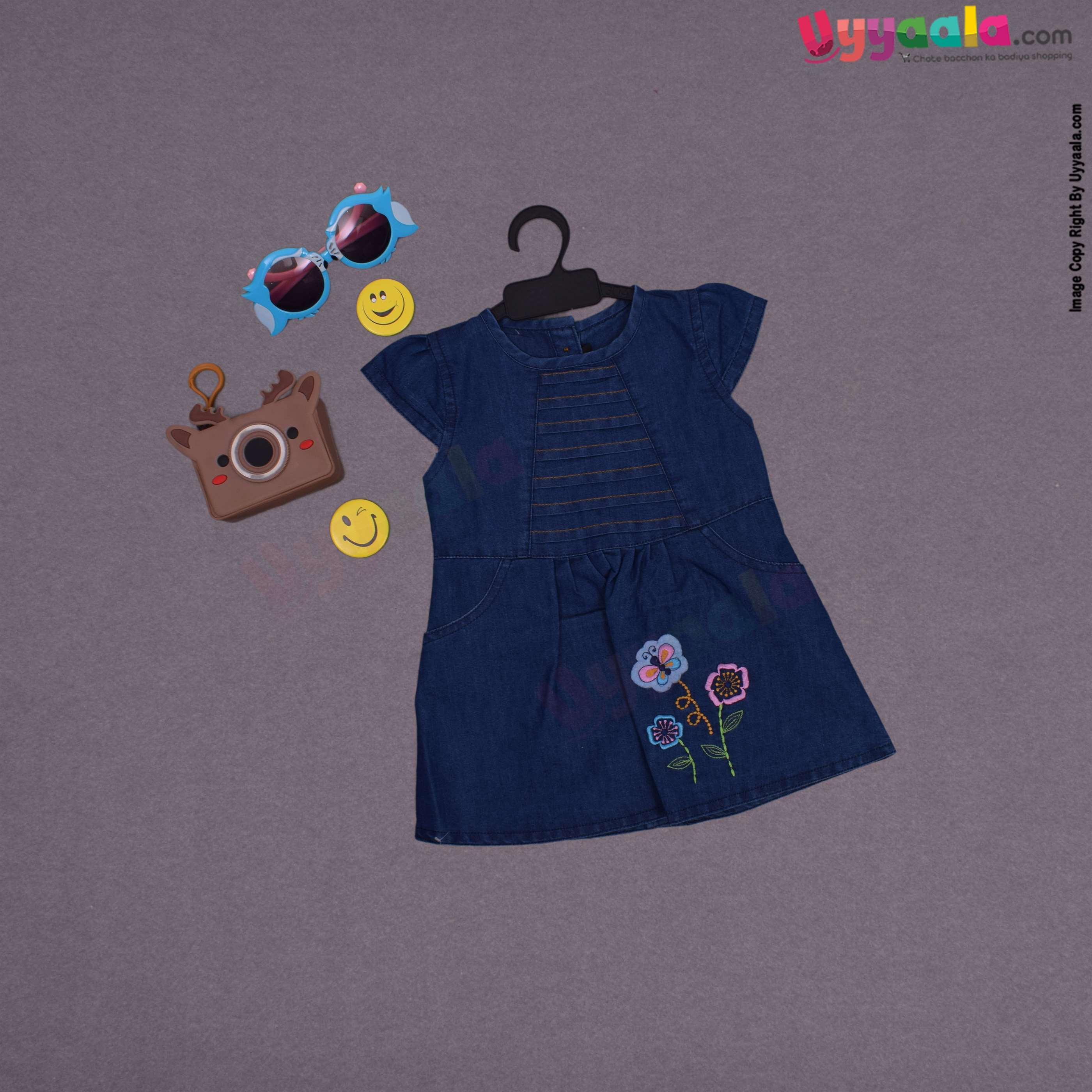 Party wear denim frock for baby girl with Butterfly patch and flowers embroidery