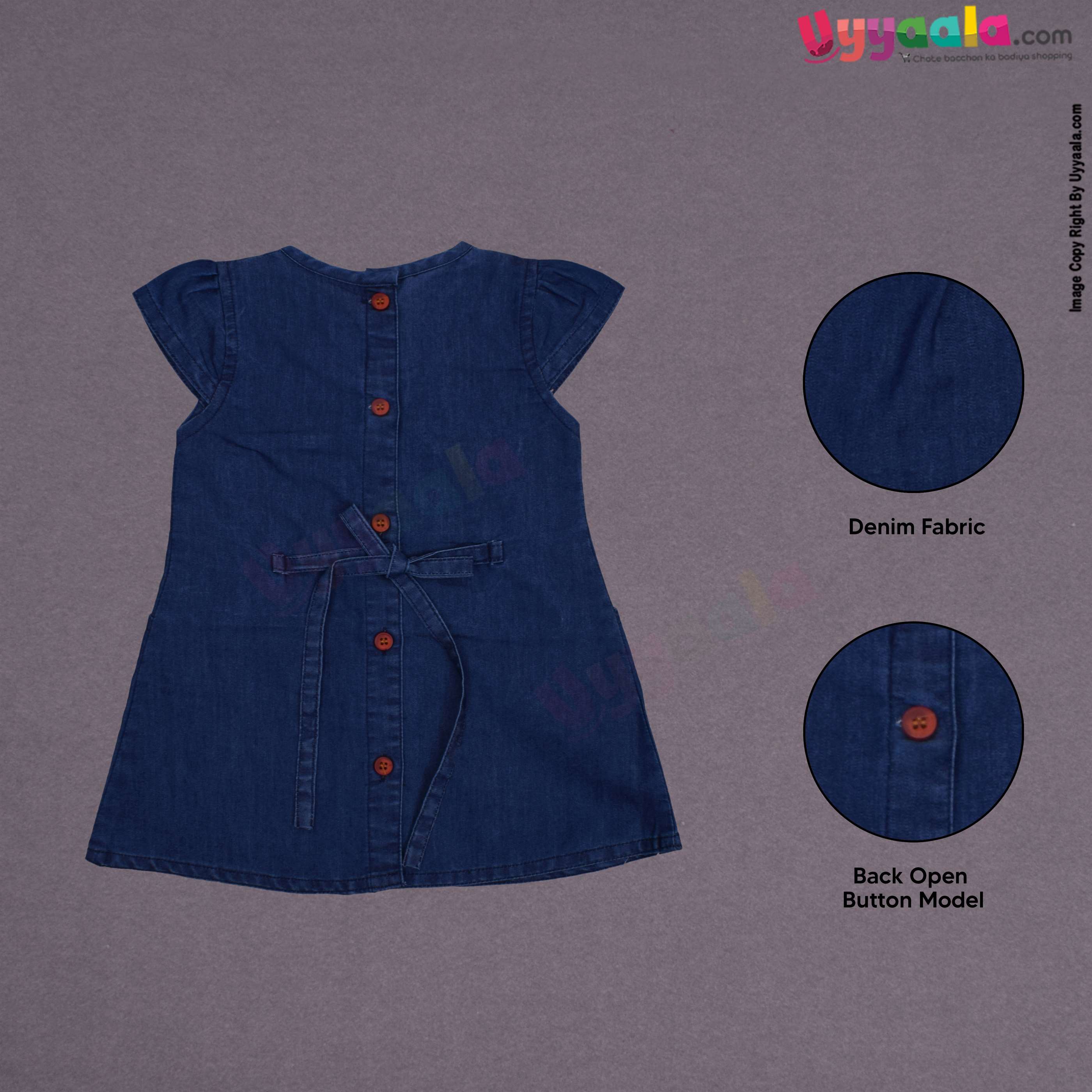 Party wear denim frock for baby girl with Butterfly patch and flowers embroidery - Blue