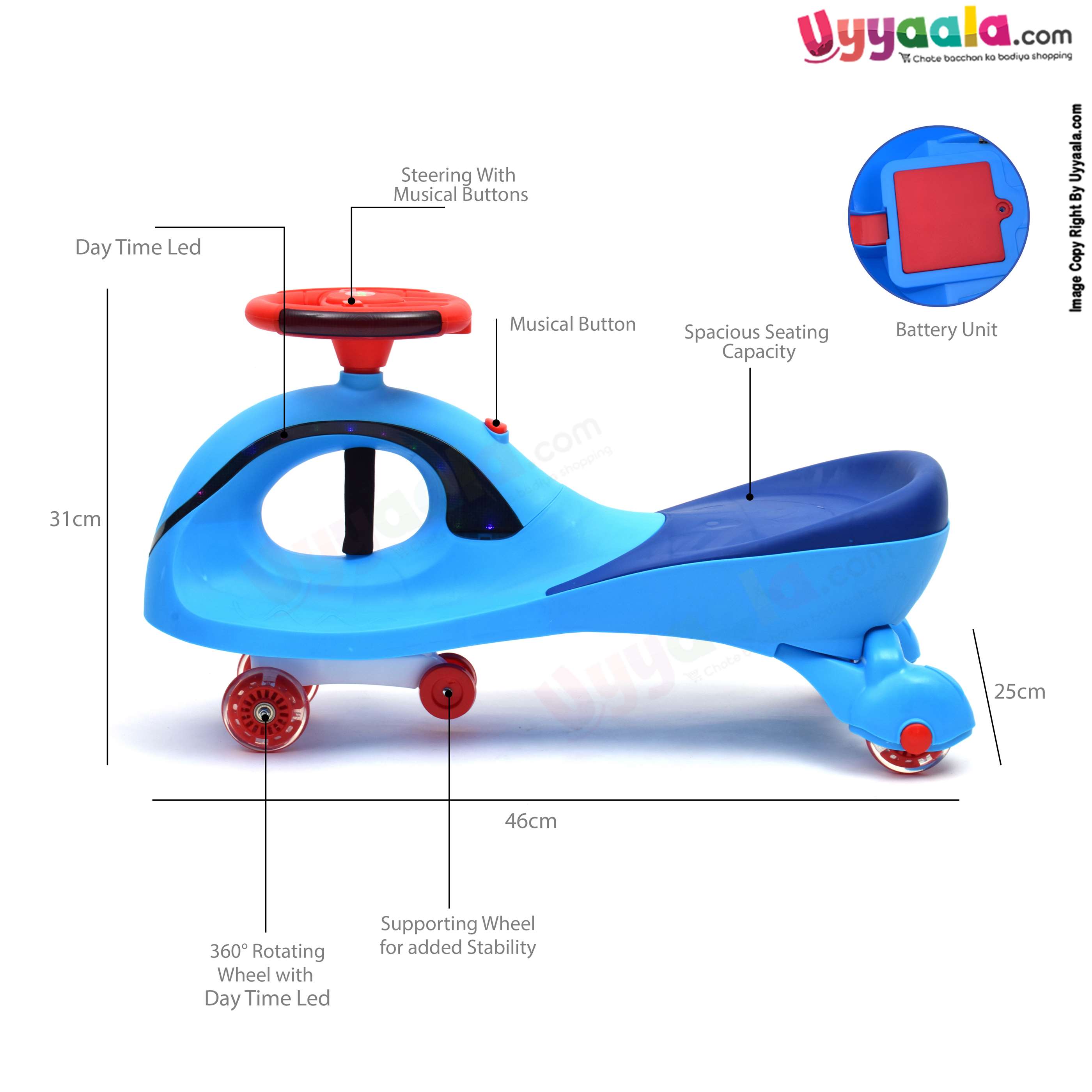 BAYBEE Twister swing car with music & lights for kids - 1+ years, blue