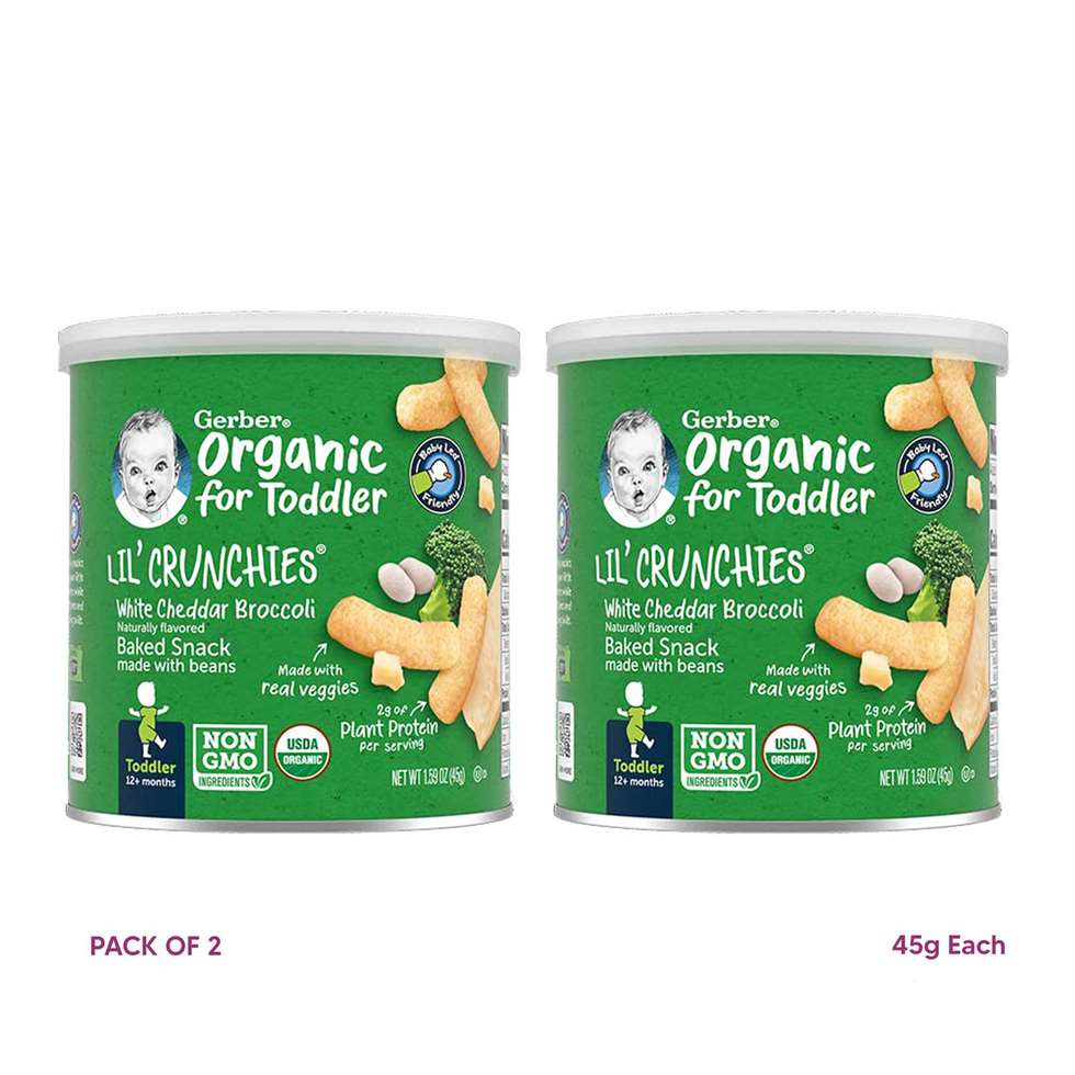 GERBER Organic lil crunchies - white cheddar, broccoli & beans, naturally flavored baby snack, pack of 2 ( 4g each) - 12 + months