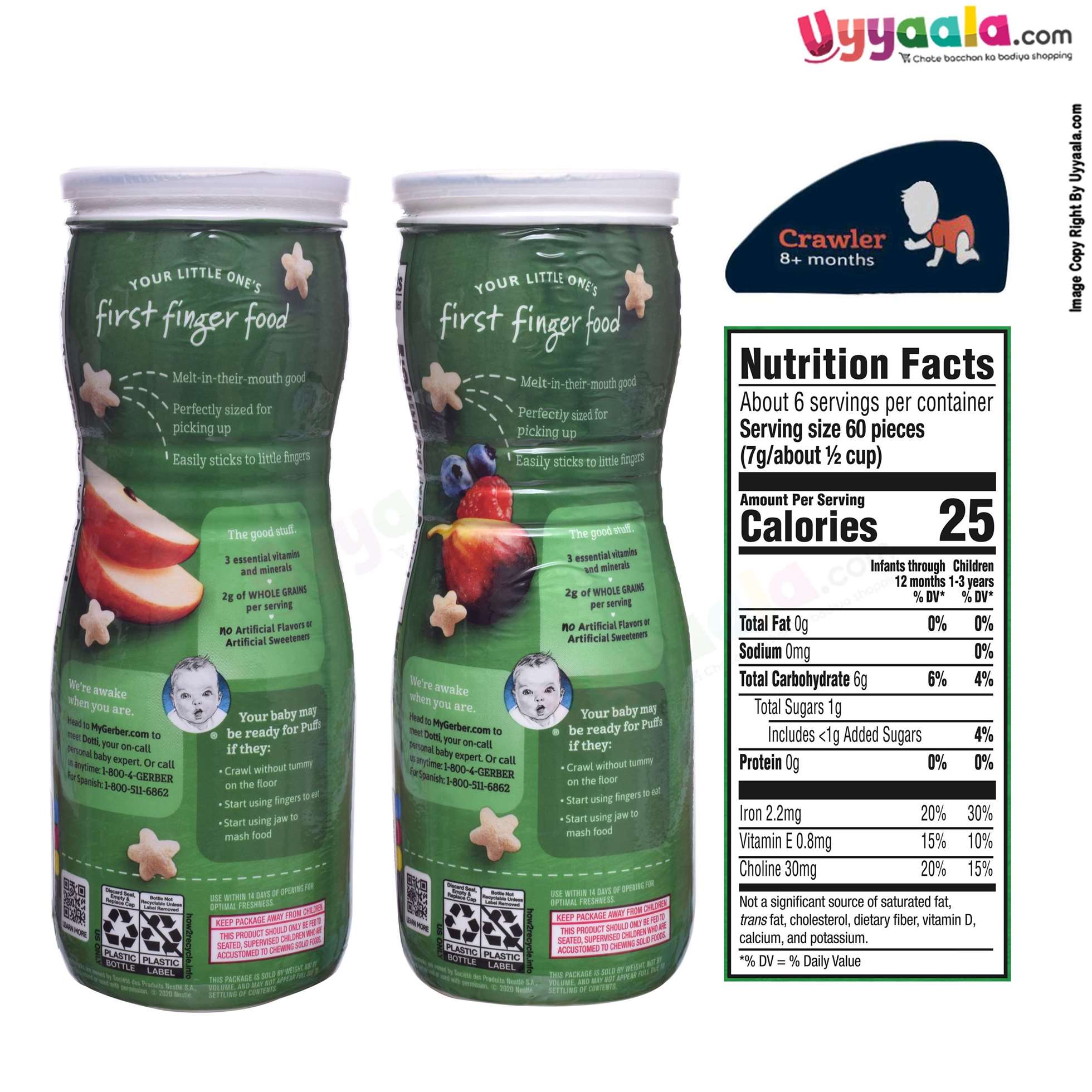 GERBER Organic puffs - apple + fig & berry, naturally flavored baby snack, combo of 2 (42g each) - 8 months +