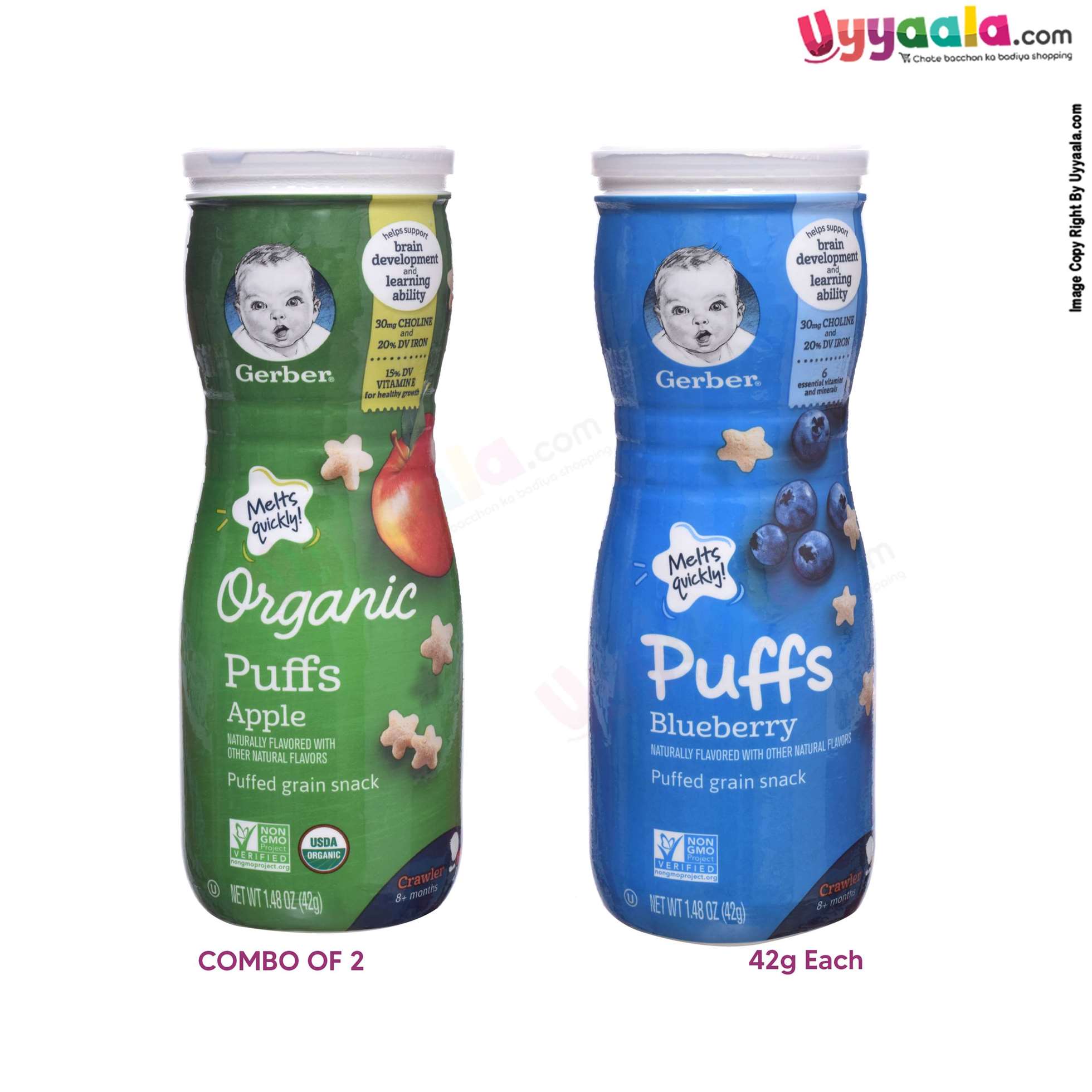 GERBER Puffs - blueberry & organic apple, naturally flavored baby snack, combo of 2 (42g each) - 8 months +