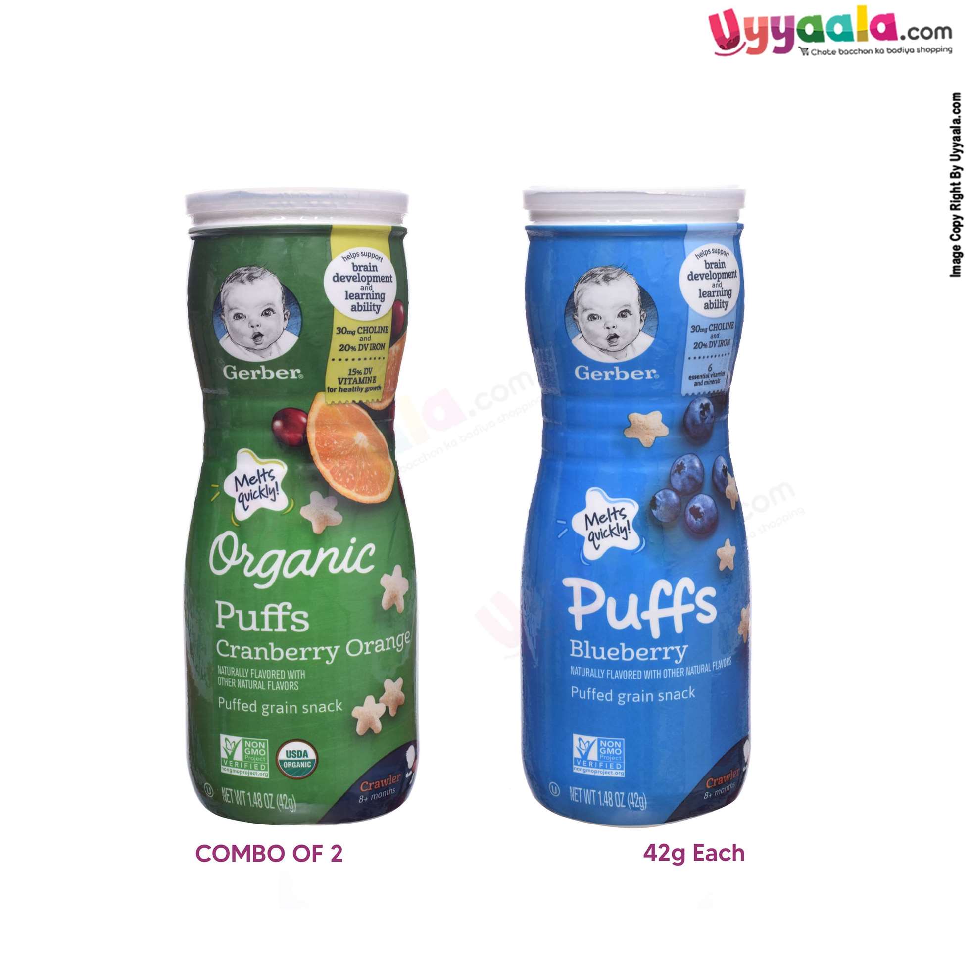 GERBER Puffs - blueberry + organic cranberry & orange, naturally flavored baby snack, combo of 2 (42g each) - 8 months +