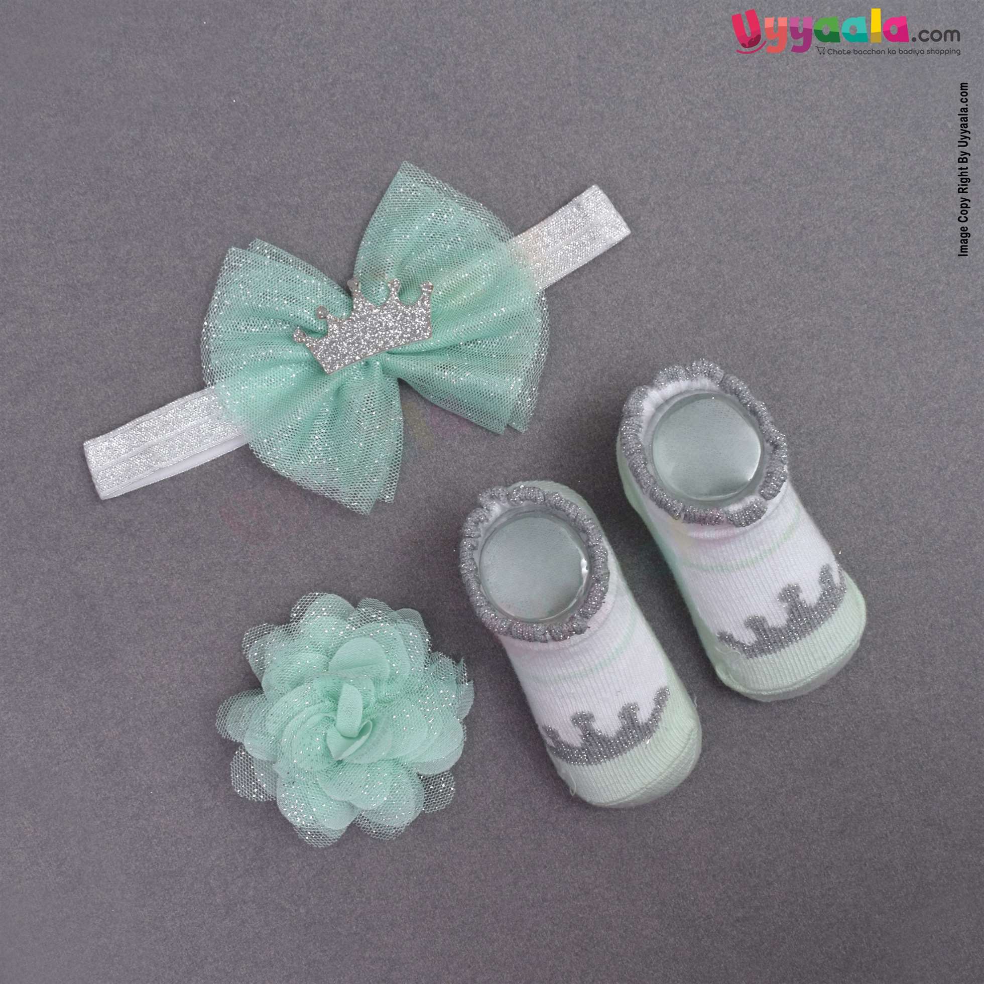 LION BEAR Glittery headwrap, flower bow clip & booties set (3 pcs) for babies - green with ash glittery crown patch, 0 - 12 m