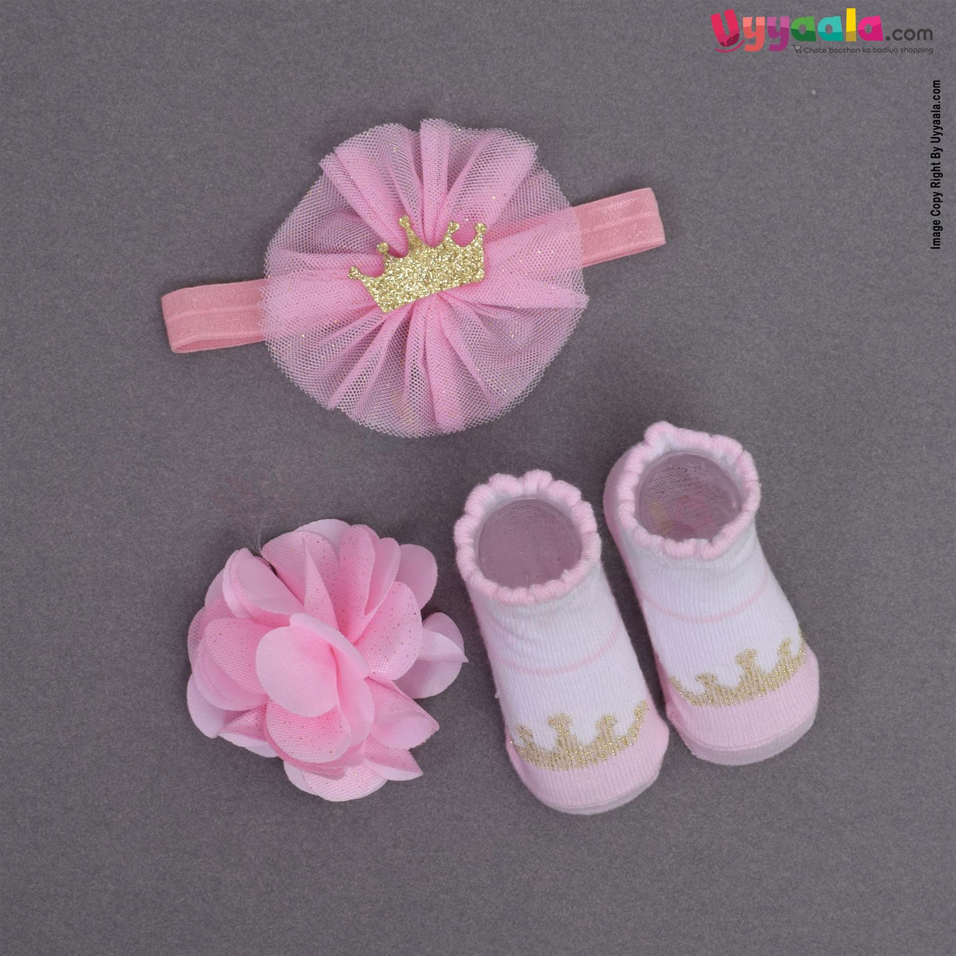 LION BEAR Glittery headwrap, flower bow clip & booties set (3 pcs) for babies - pink with glittery crown patch