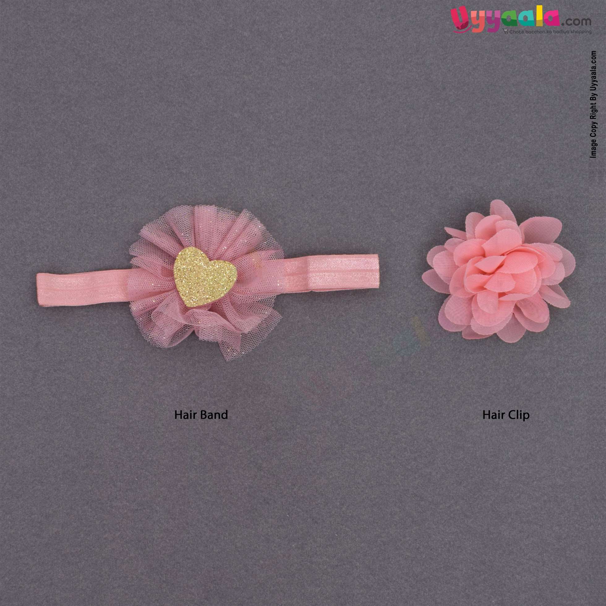 LION BEAR Headwrap, flower bow clip & booties set (3 pcs) for babies - pink