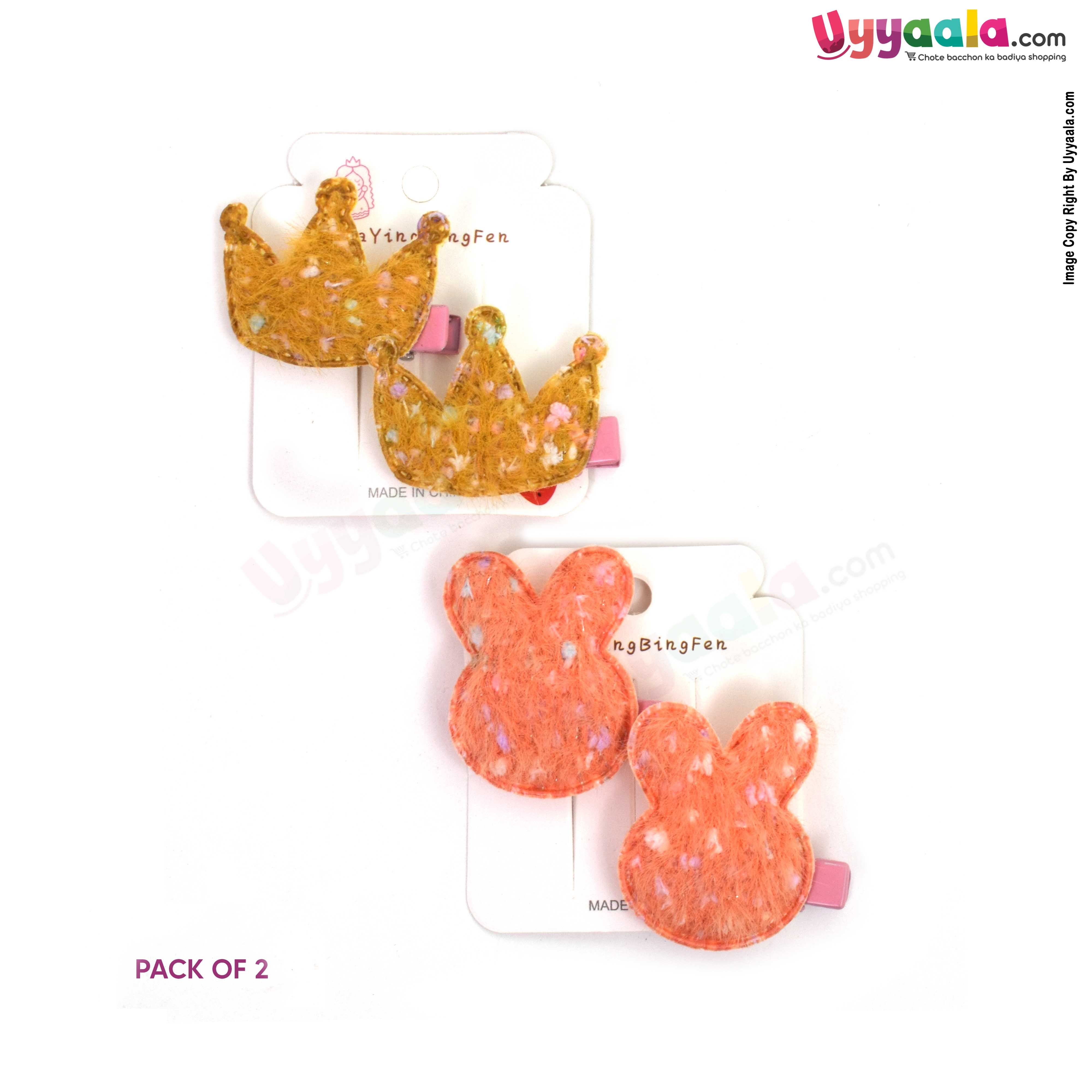 Crown & bunny hair clip set for babies & girls, Pack of 2 - yellow & peach, 6 + months