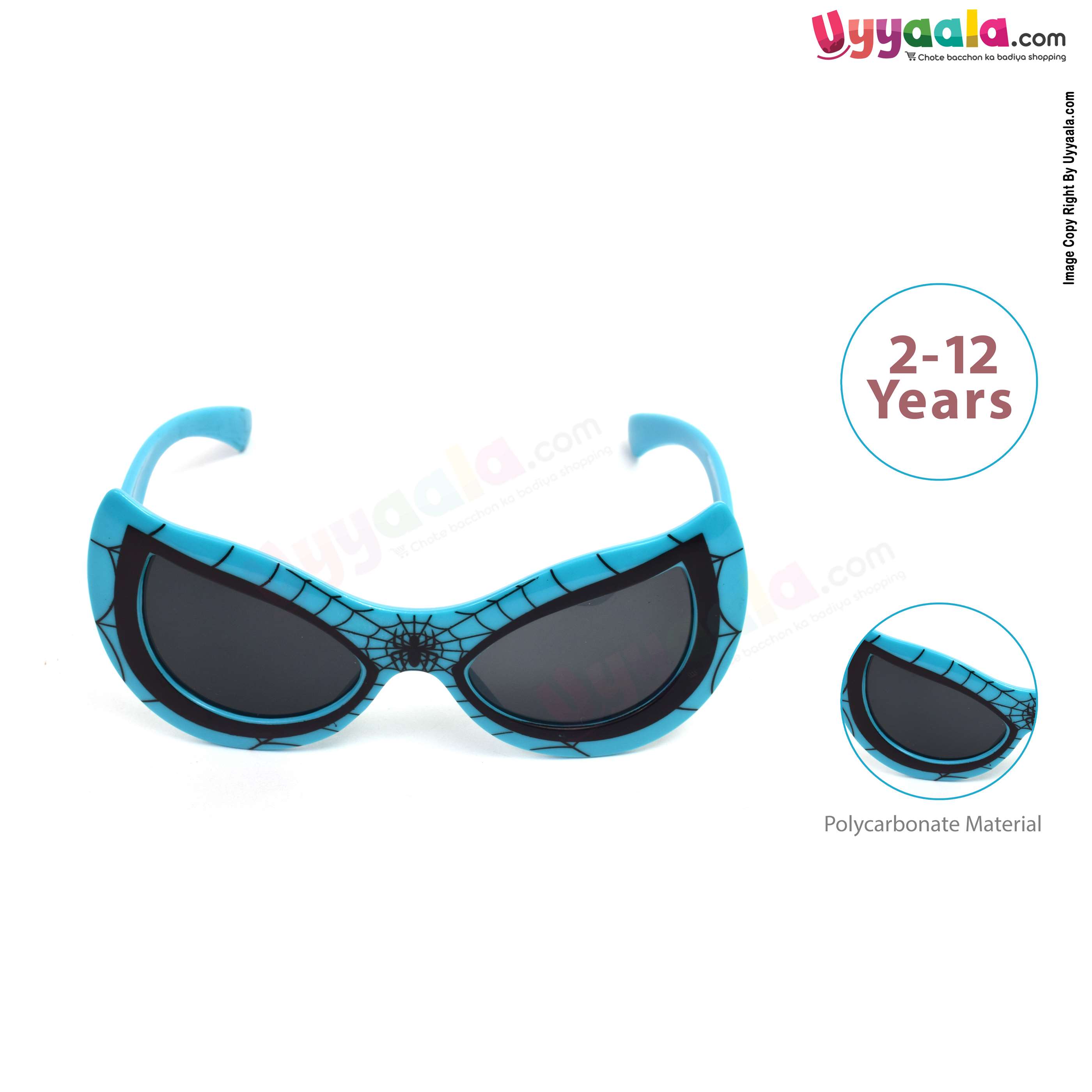Stylish spider-man tinted cat-eye sunglasses for kids - sky blue with black web print, 2 - 12 years