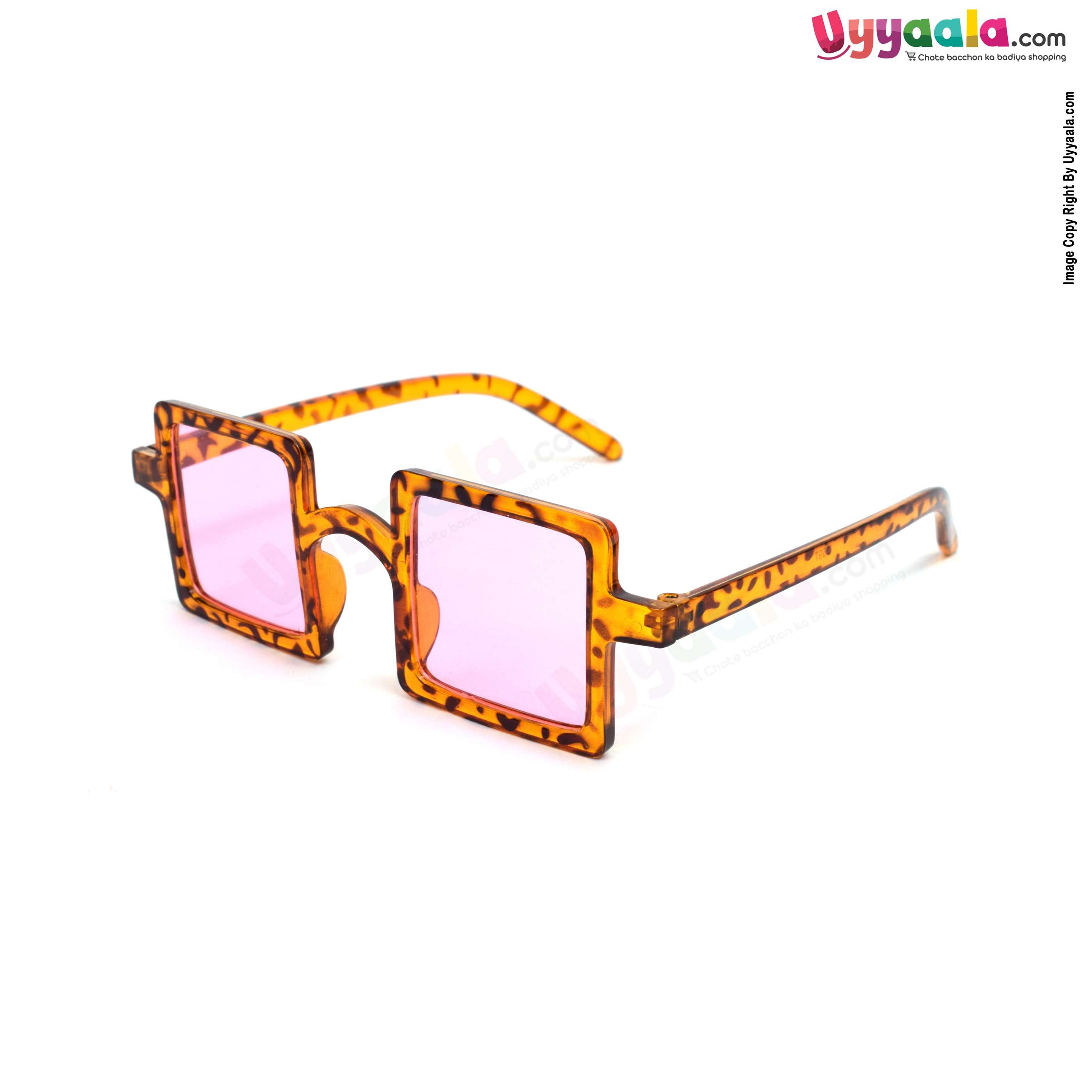Trendy tortoise print square shaped pink shade sunglasses for kids - 2 - 12 years
