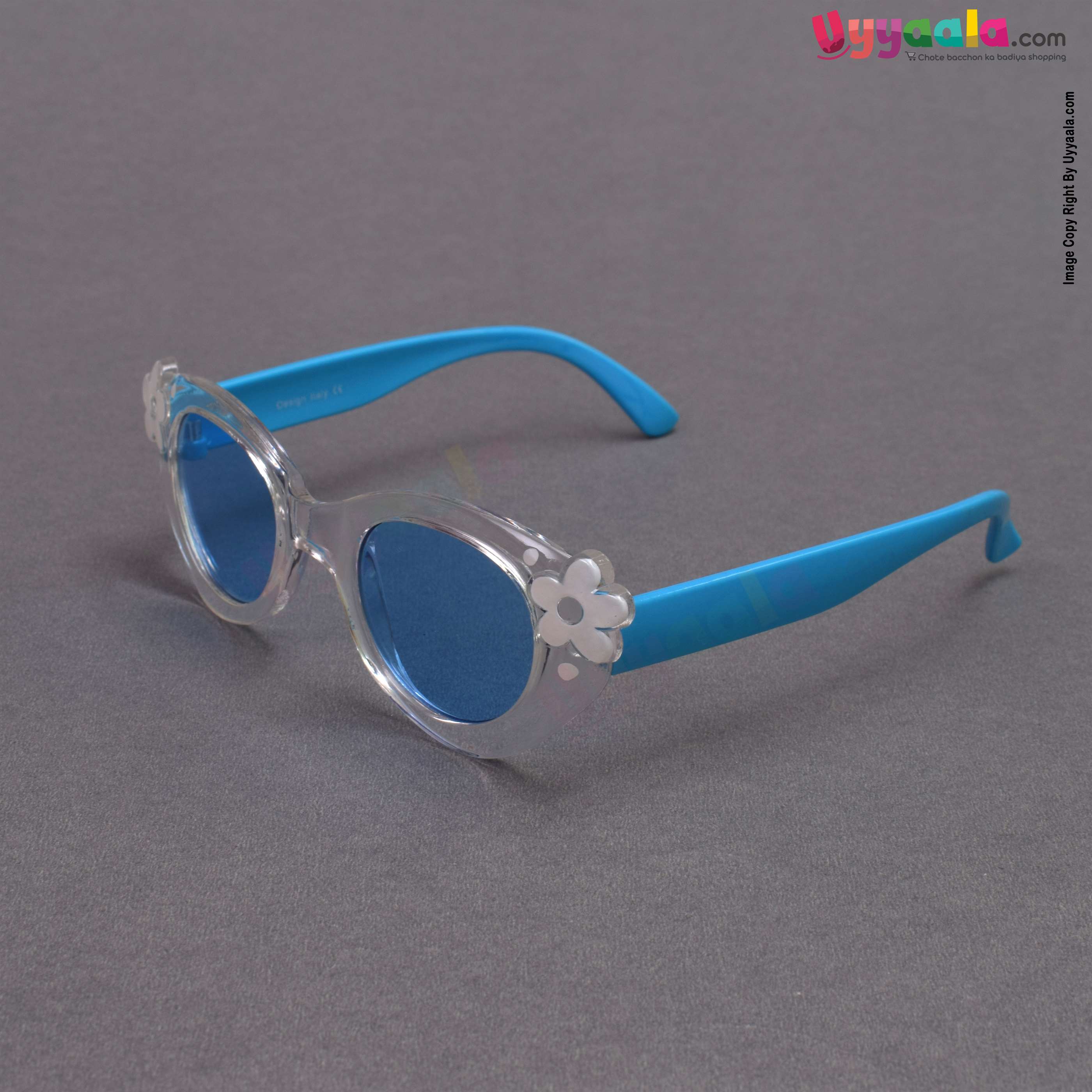 Stylish cat eye shaped blue shade sunglasses for kids - sky blue with flower patch, 1 - 10 years