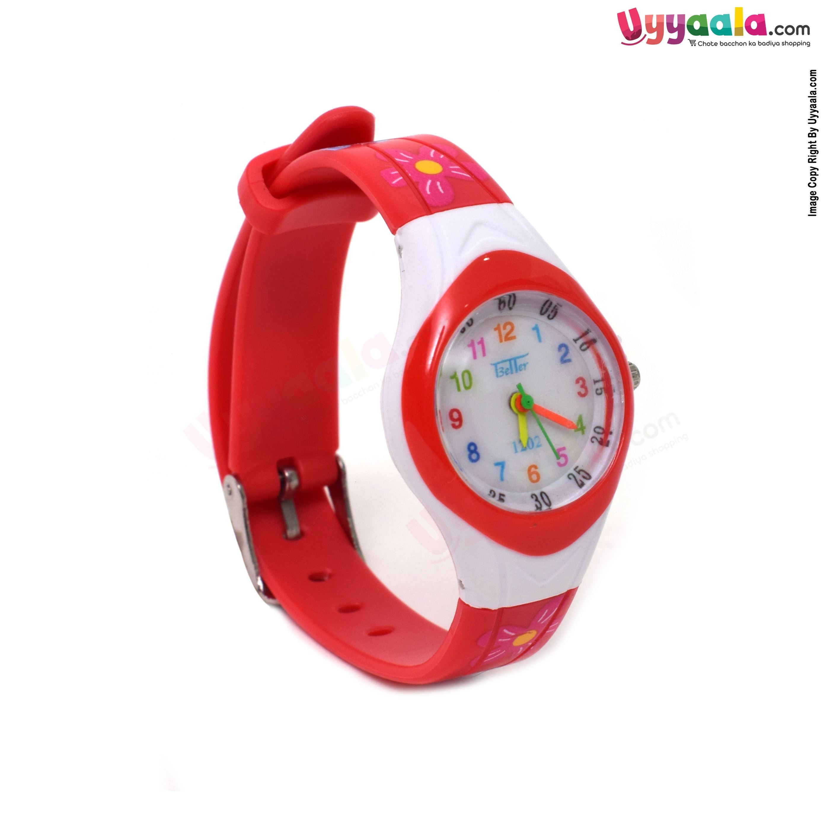 White analog wrist watch for kids - red strap with flower print