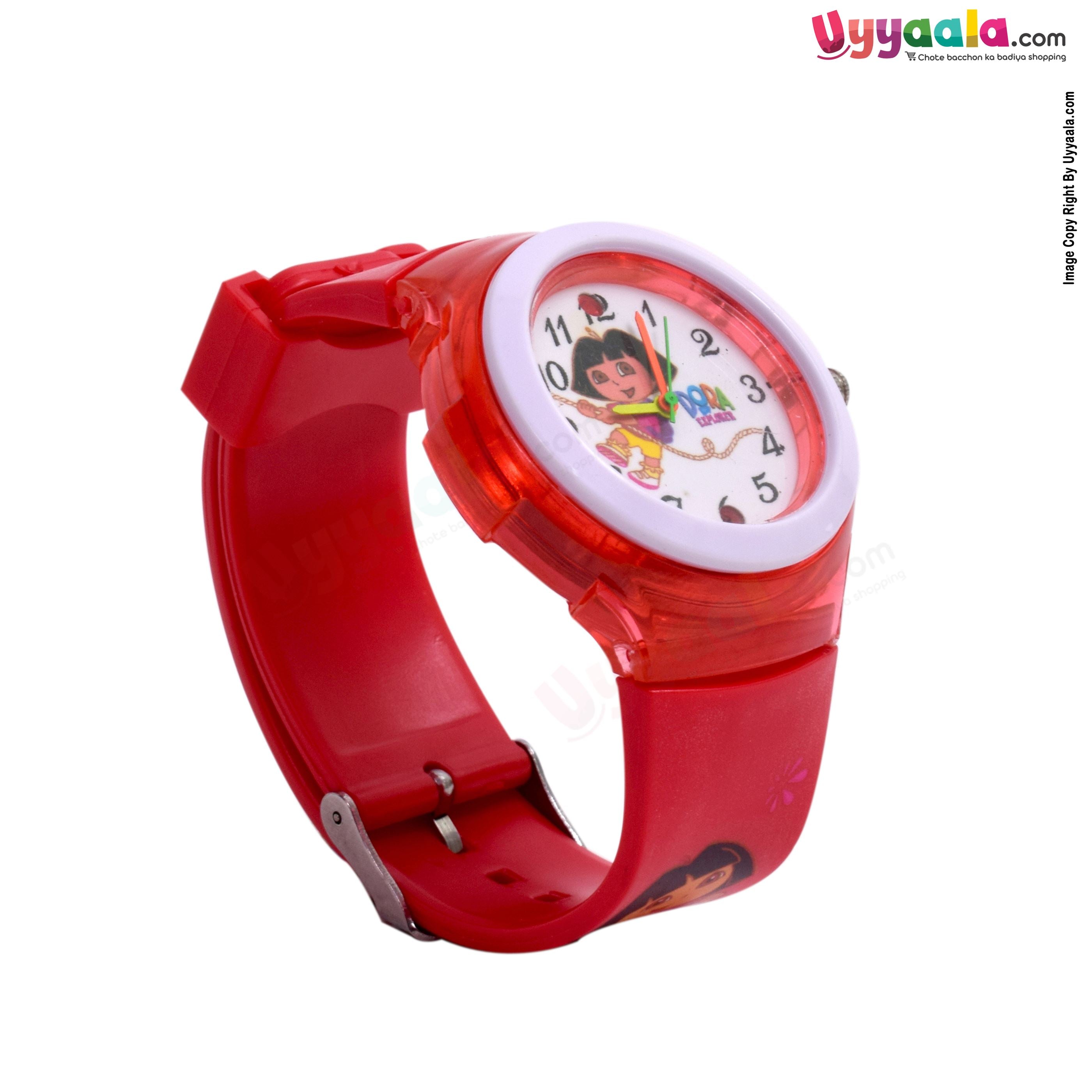 Dora analog watch with led lightnings for kids - red with dora print
