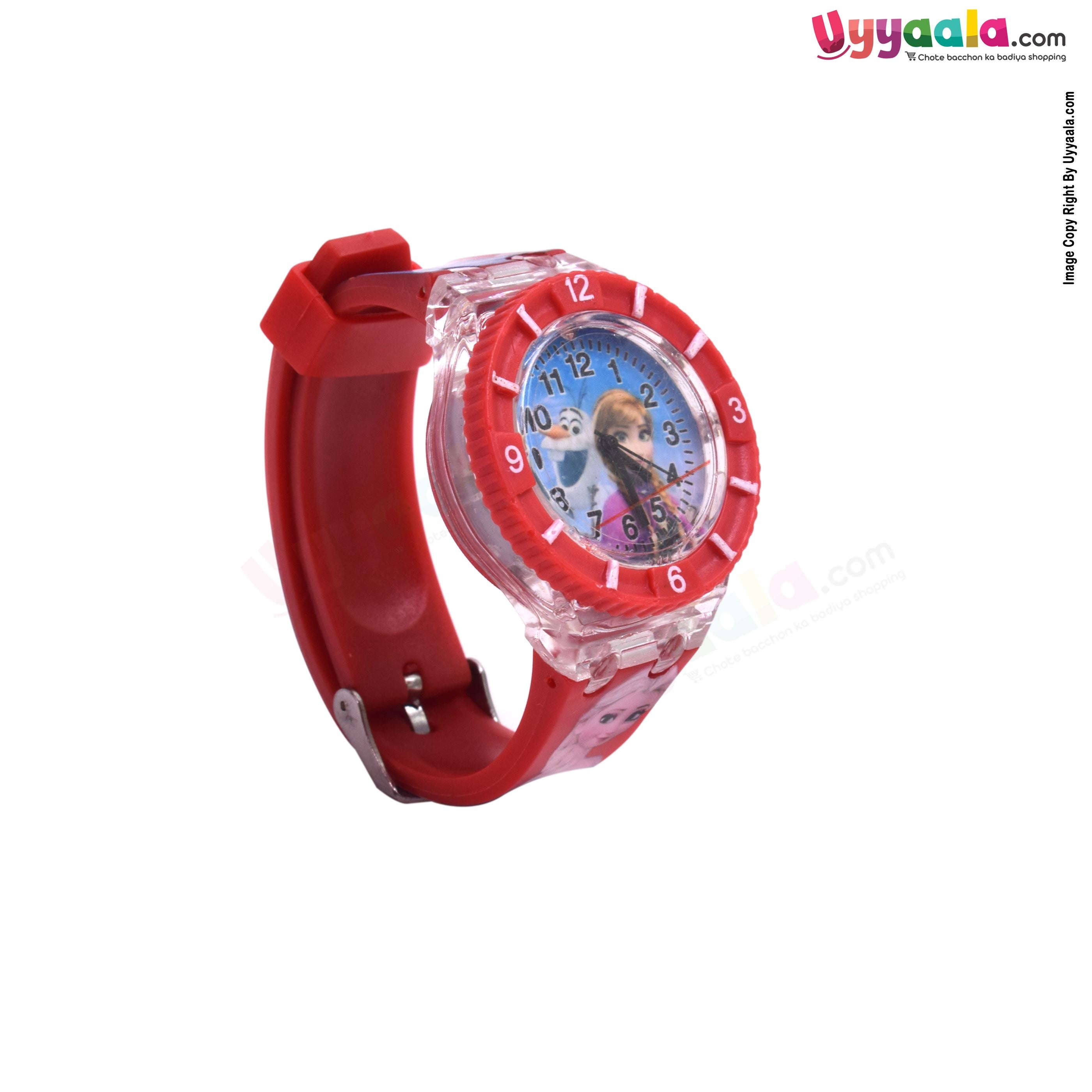Frozen analog watch with led lightings for kids - red strap with frozen print