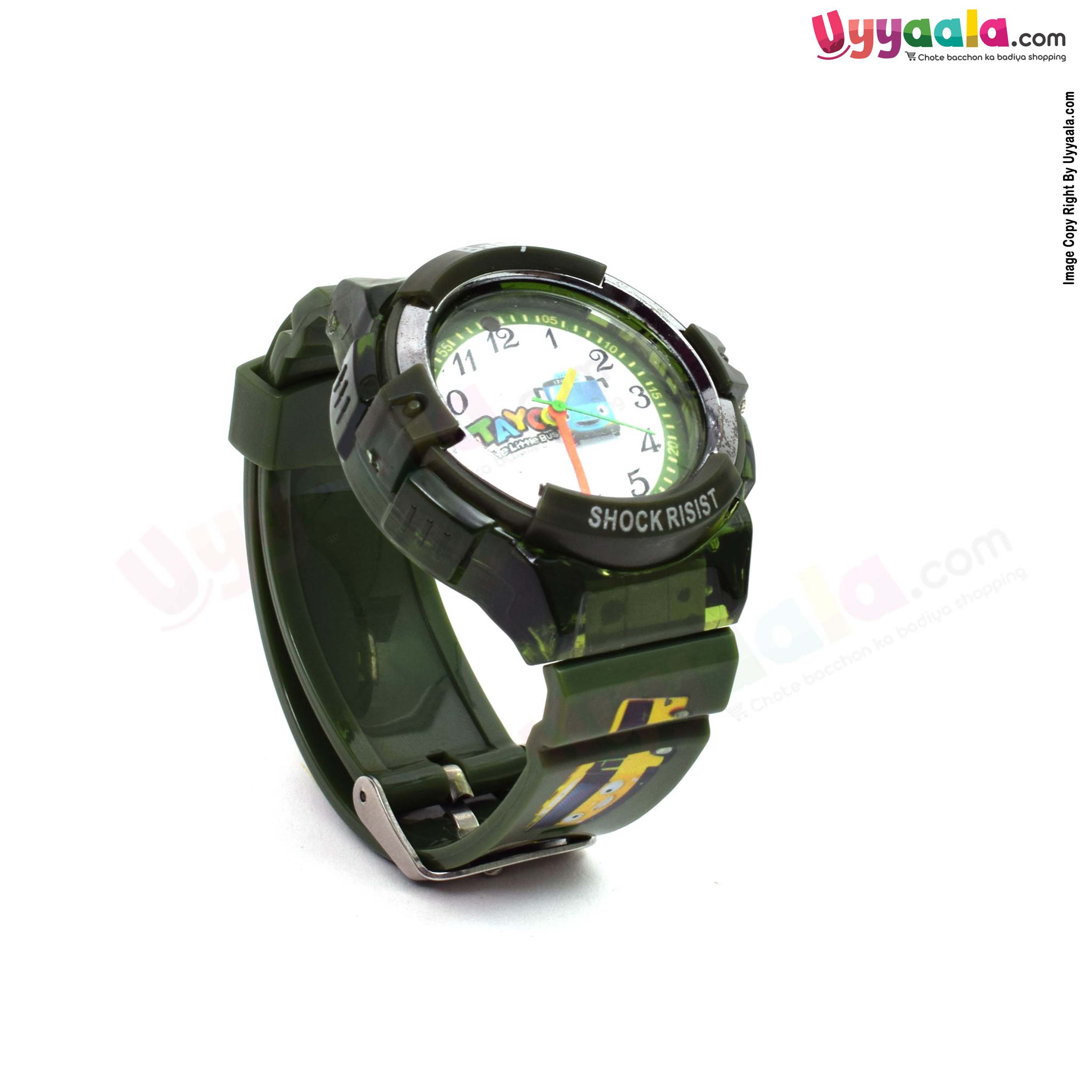 Cartoon analog watch for kids - green strap with cartoon print