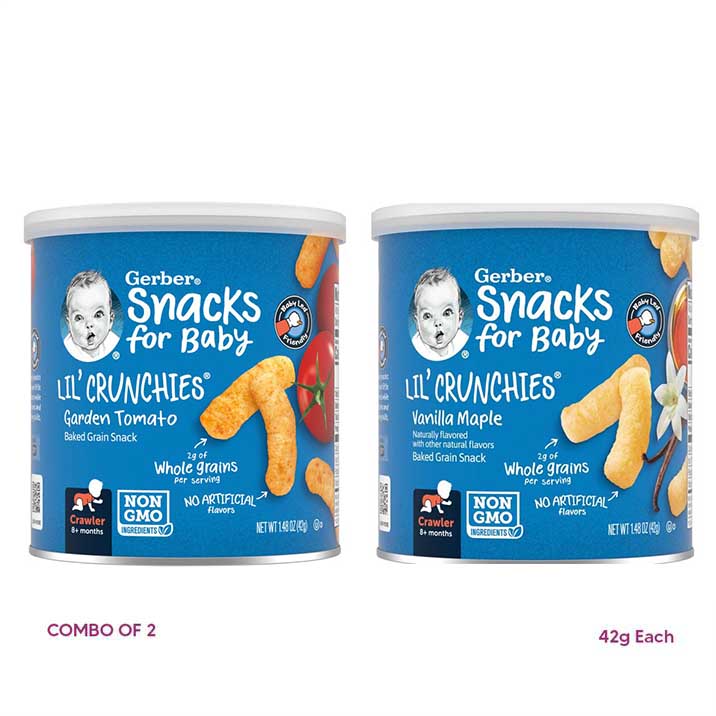 GERBER Lil' crunchies - vanilla maple & garden tomato , naturally flavored baby snack - combo of 2(42g each), 8 + months