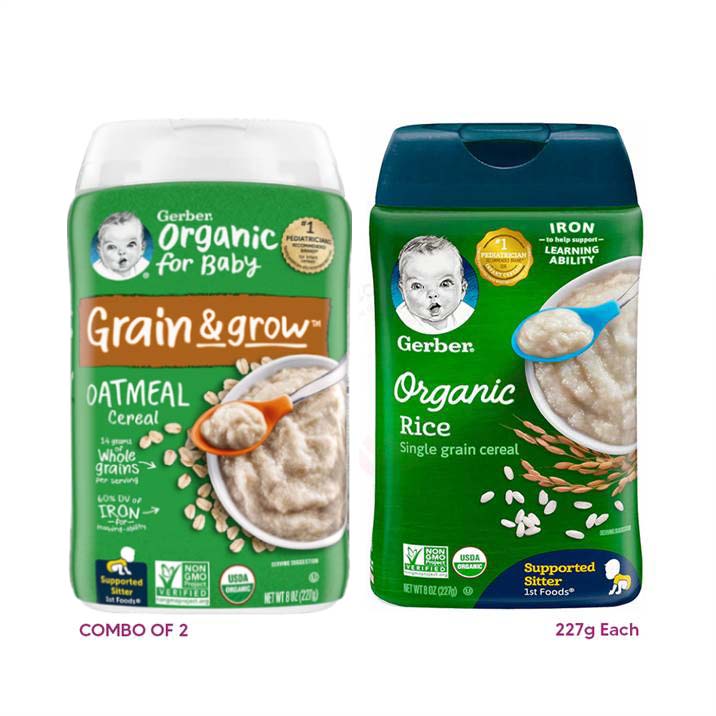 GERBER Organic cereals - oatmeal & rice single grain, naturally flavored cereals for babies -  combo of 2 (227g)- supported sitter 1st foods