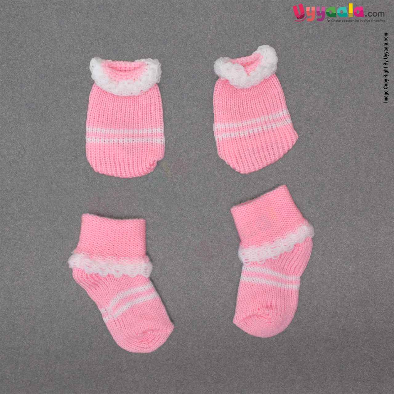Woolen Hand Knitted Cap, Mittens & Booties Set For Newborn Babies - Pink & White 0-3m