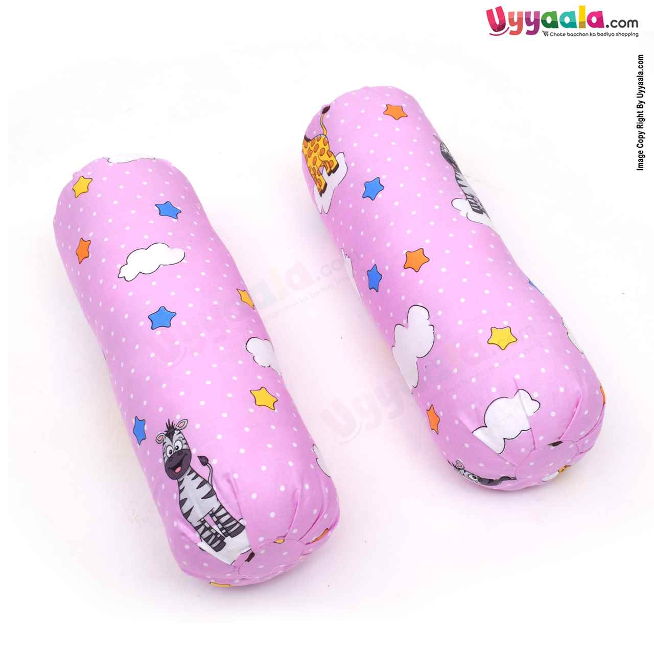 Baby Soft Cotton Bolster Pillows With Stars & Clouds Print, 1 pair - Baby Pink 0-12m