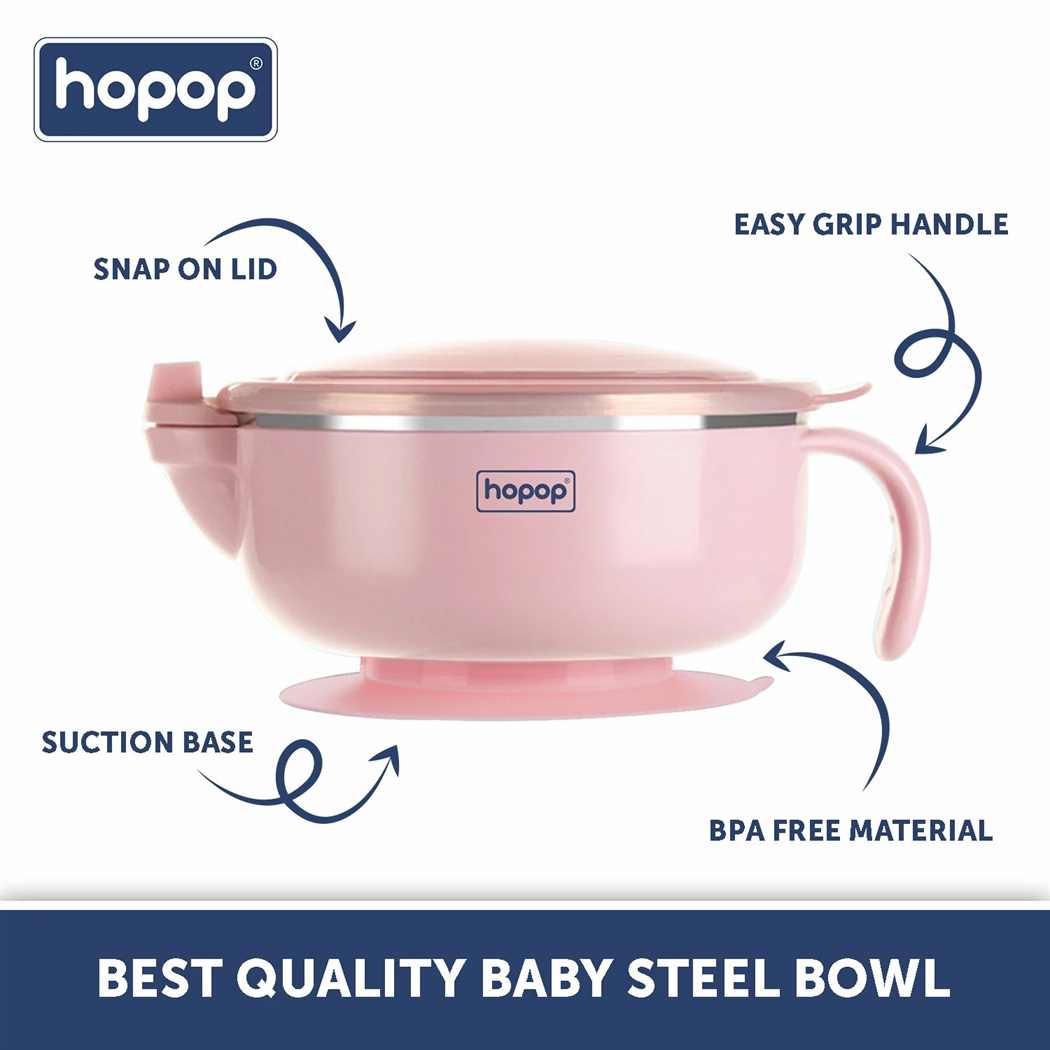HOPOP Baby Steel Bowl With Suction Base - Pink 6m+