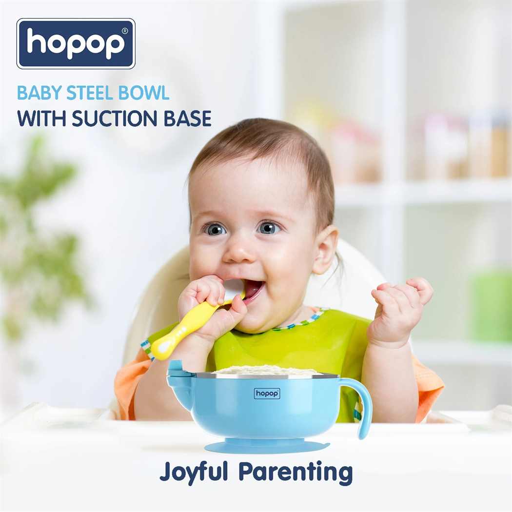 HOPOP Baby Steel Bowl With Suction Base - Blue 6m+
