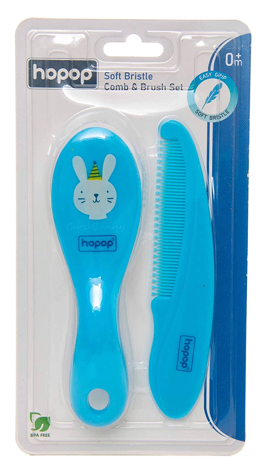 HOPOP Soft Bristle Comb & Brush Set For Babies - Blue 0m+