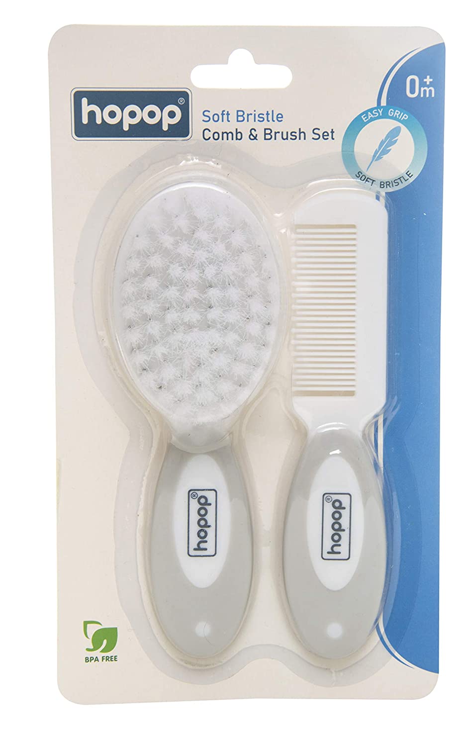 HOPOP Soft Bristle Comb & Brush Set For Babies - White & Grey 0m+