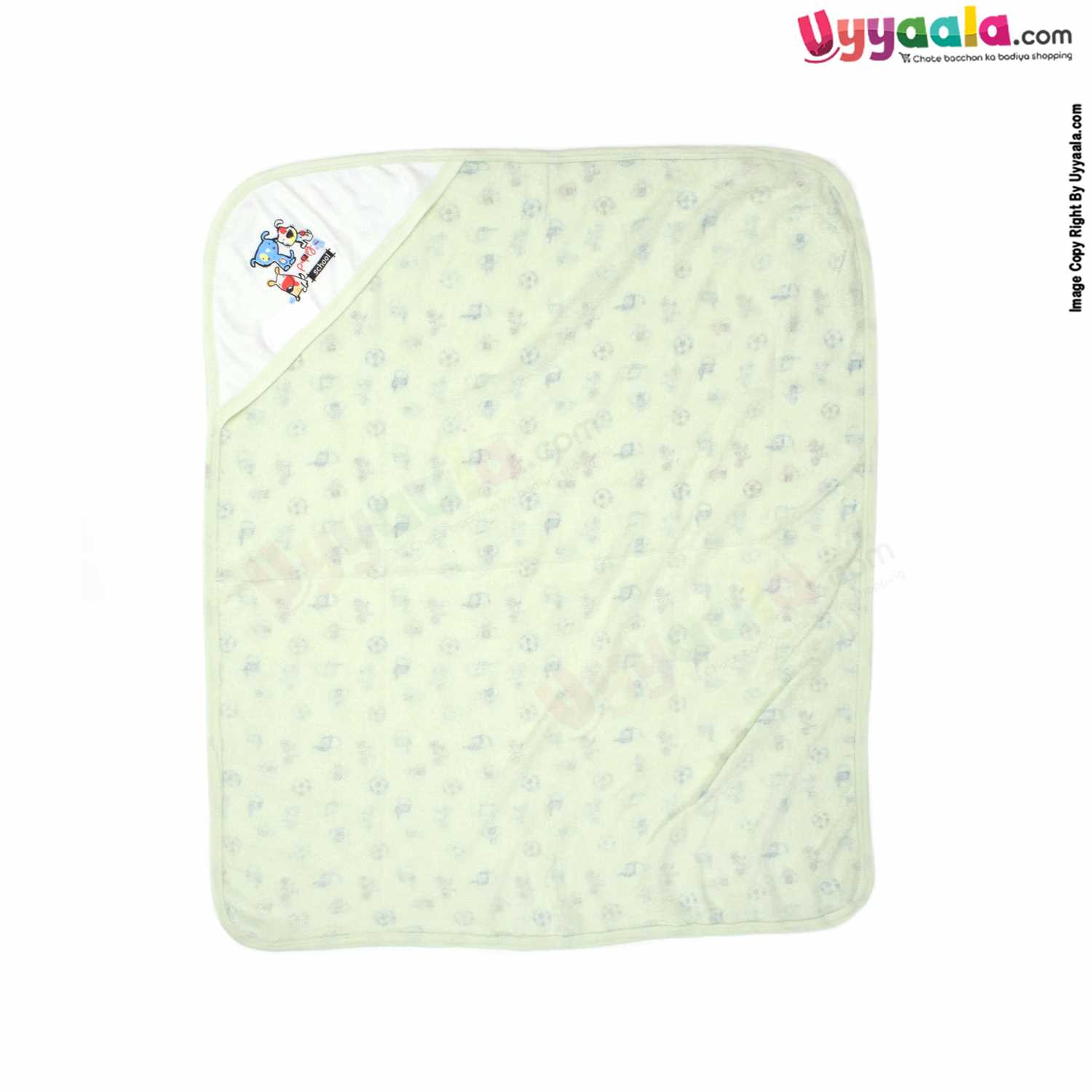ZERO Baby Bath Soft 100% Cotton Towel with Foot Ball & Cycle Print 0+m Age, Size (84*76cm)- Light Green