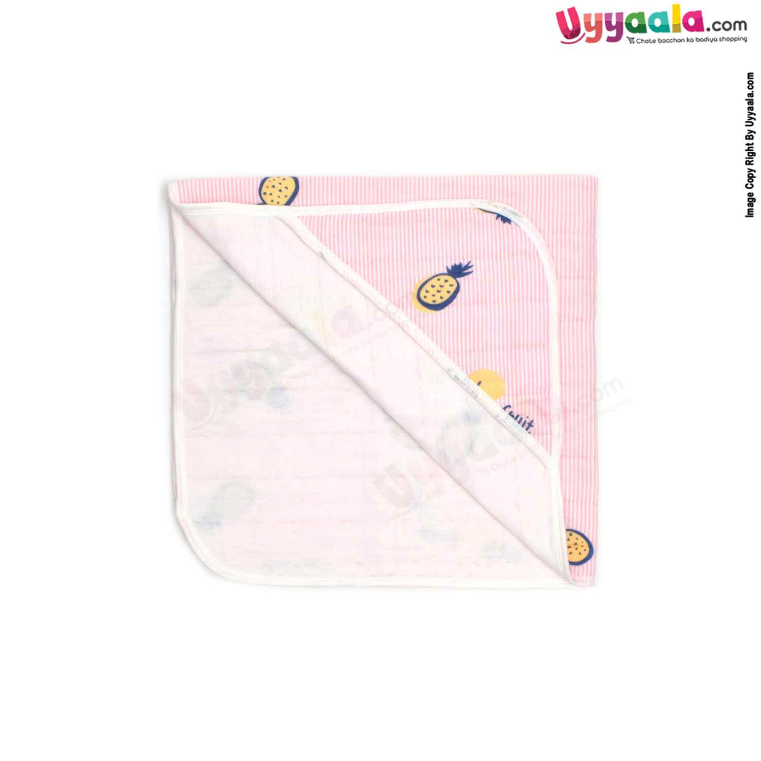 Double Layered Hooded Swaddle Wrapper with Stuff & Waist Belt Pineapple Print for Babies 0+m Age, Size (92*88cm)-Pink