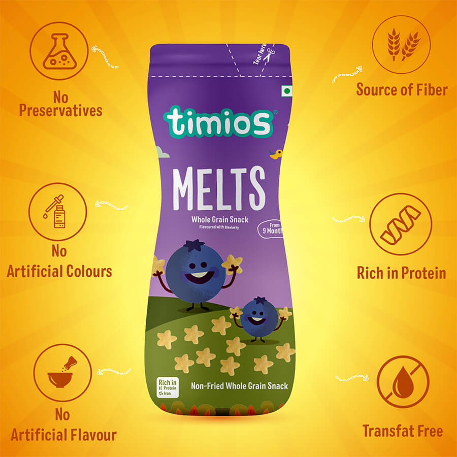 TIMIOS Melts - Blueberry  9+m 100% Natural & Healthy Baby Snacks Pack of 2 (100g each)