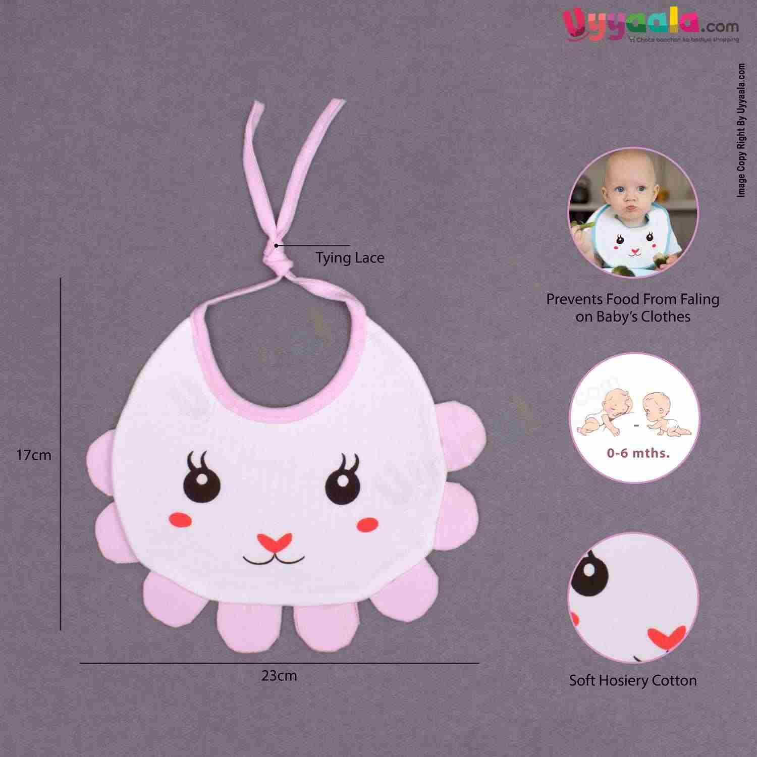 Baby Bib Soft Cotton Hosiery with Cute Kitty Print Pack of 2, Size(17*23cm)-White & Pink