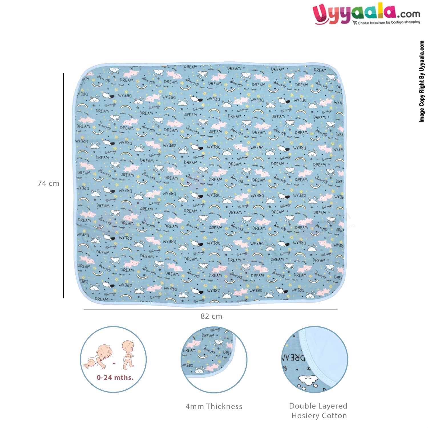 Double Layered Hosiery Cotton Wrapper Premium with Dog & Stars Print for Babies 0-24m Age, Size(82*74cm)-Blue