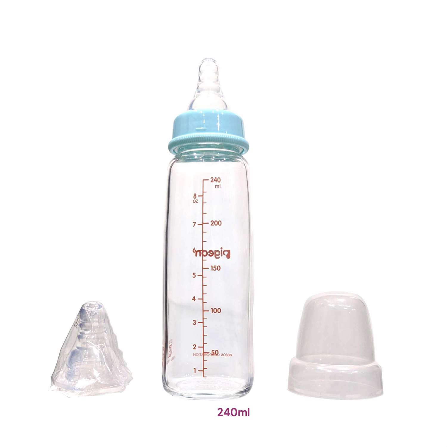 PIGEON Glass Feeding Bottle Narrow Neck Square Base Flexible 240ml 9+m Age
