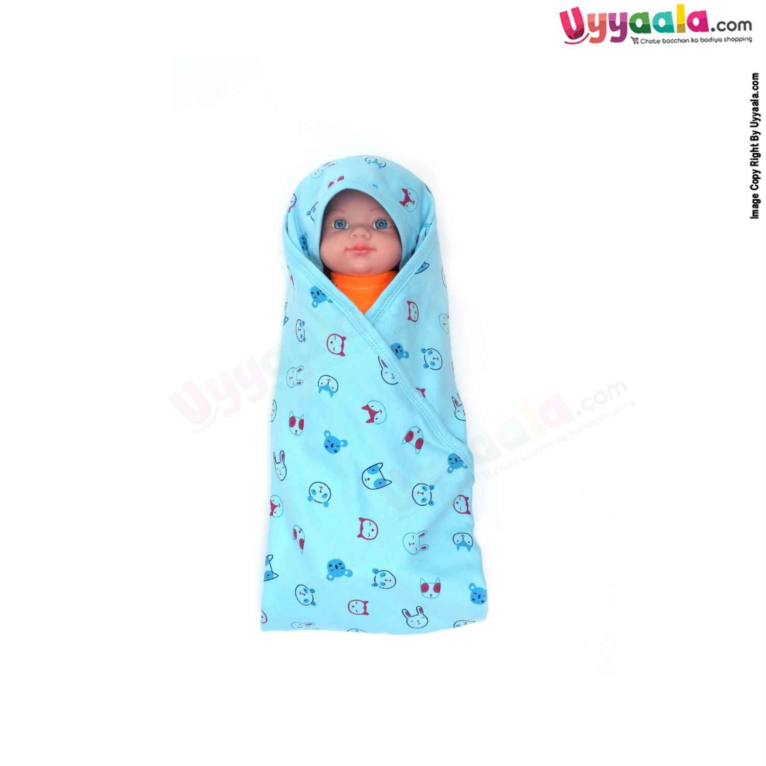 Hosiery Cotton Hooded Towel for Babies with Animal Print 0-12m Age, Size (86*72cm)- Blue