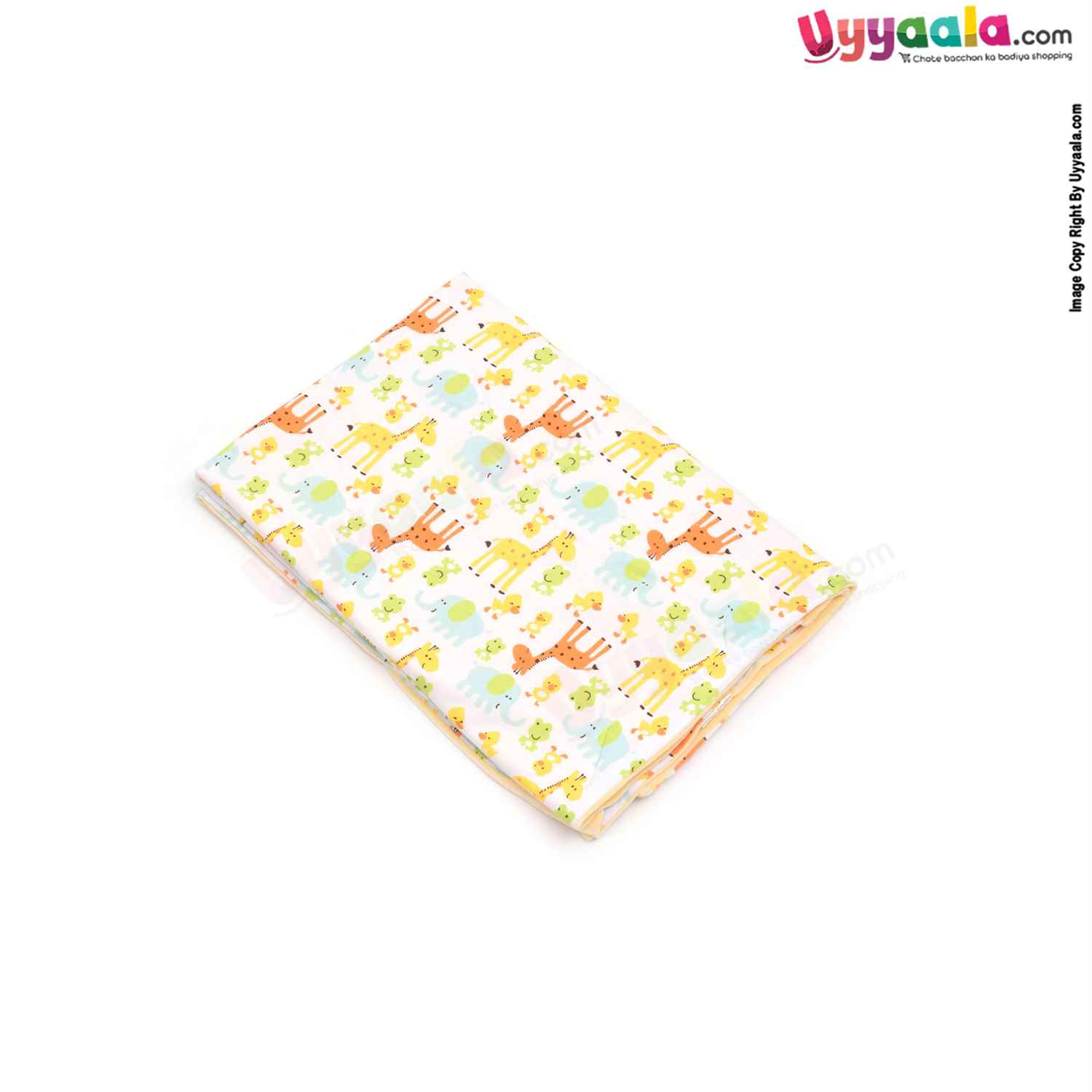 Eberry Double Layered Wrapper One Side Velvet & Another Side Cotton with Animals Print for Babies 0-12m Age, Size(98*76cm)-white & Yellow