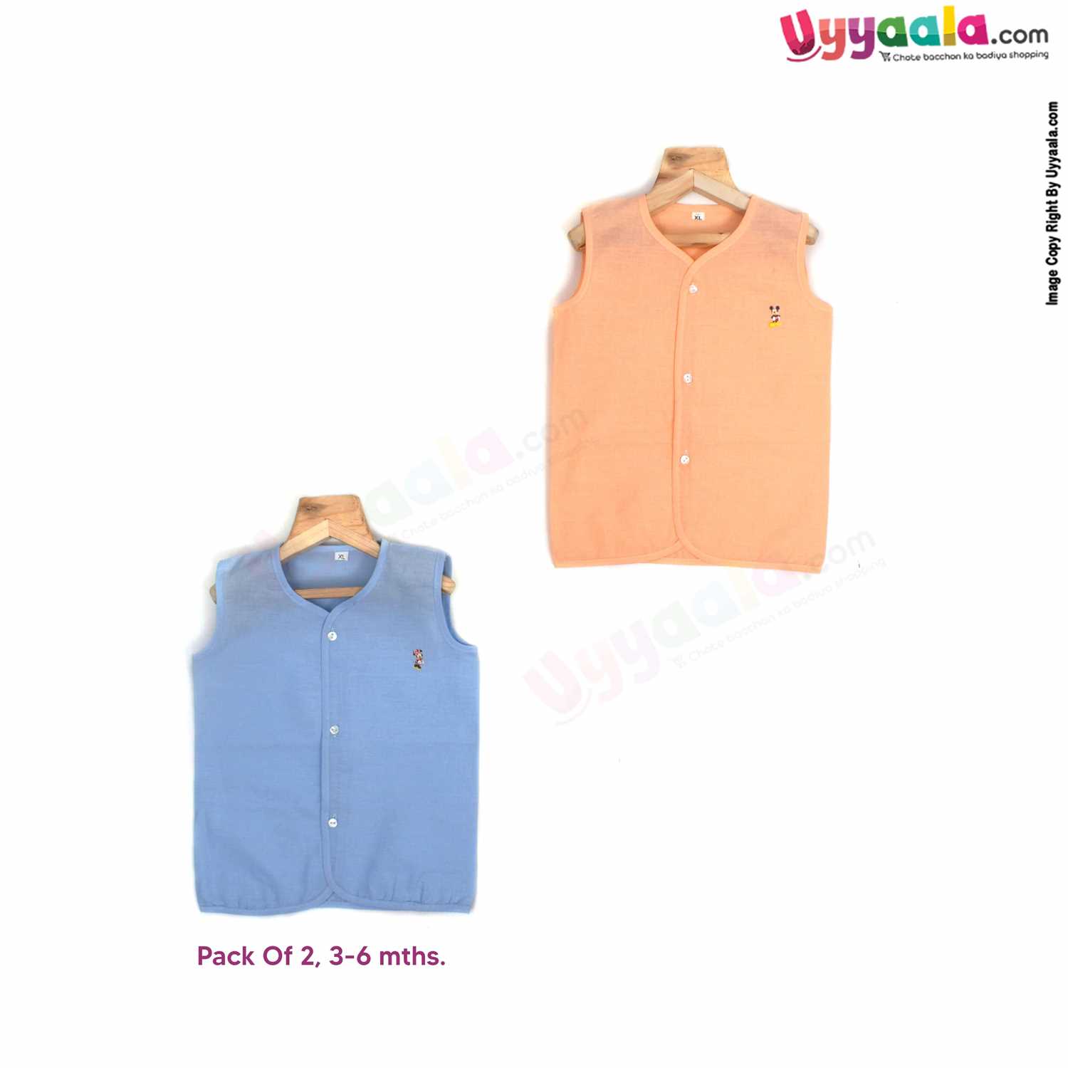 POLAR CUBS Sleeveless Baby Jabla Set, Front Opening Button Model, Premium Quality Cotton Baby Wear, (3-6M), 2Pack - Orange & Blue