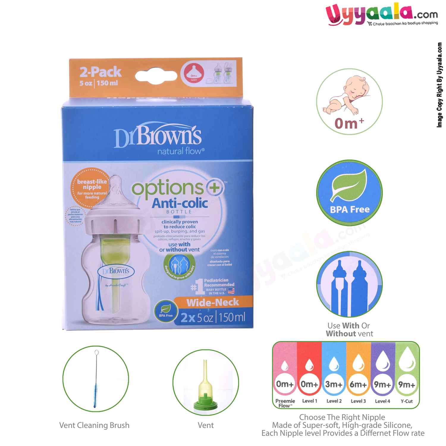 Dr Browns feeding Bottle Natural flow wide neck with vent and vent cleaning Brush, 150ml (pack of 2)