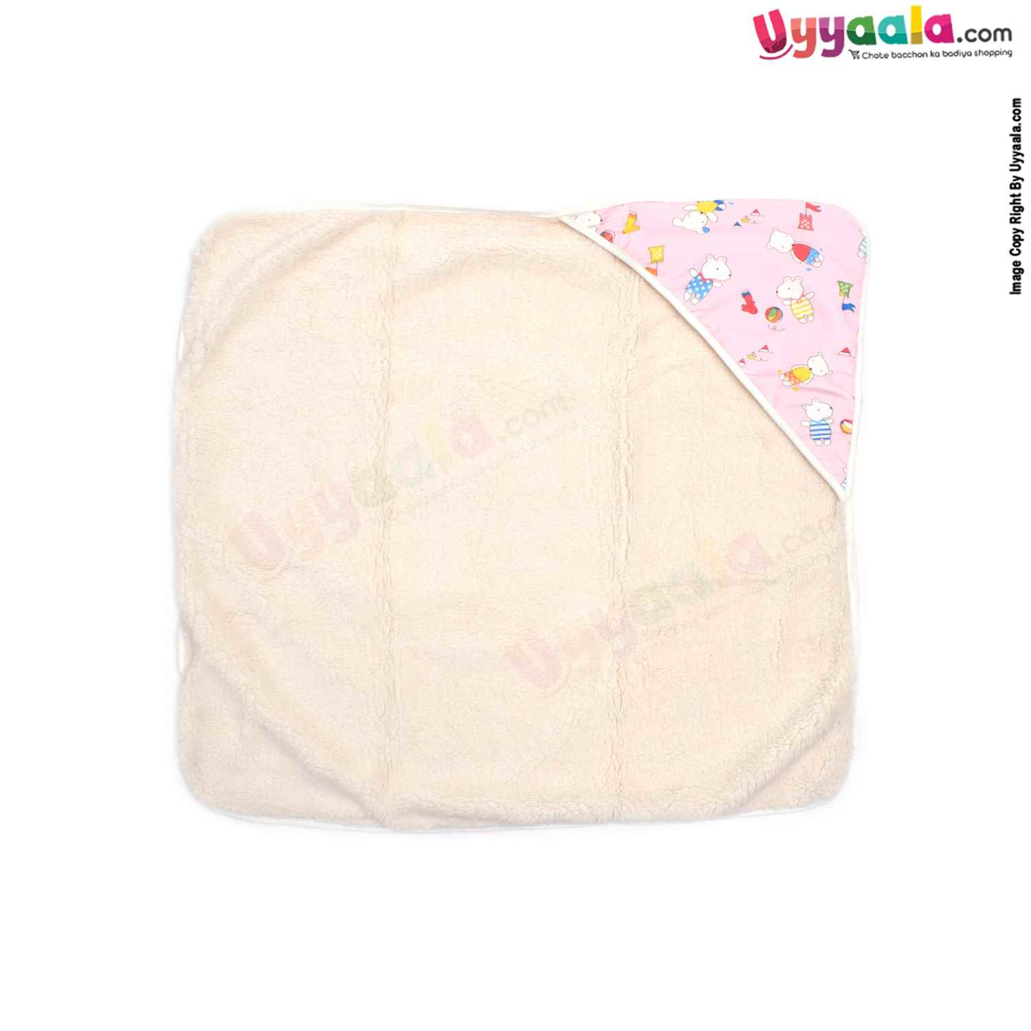 Double Layered (2 Ply) Hooded Blanket One Side Fur & Another Side Velvet with Animals Print for Babies 0-24m Age, Size(74*74cm)- Light Pink