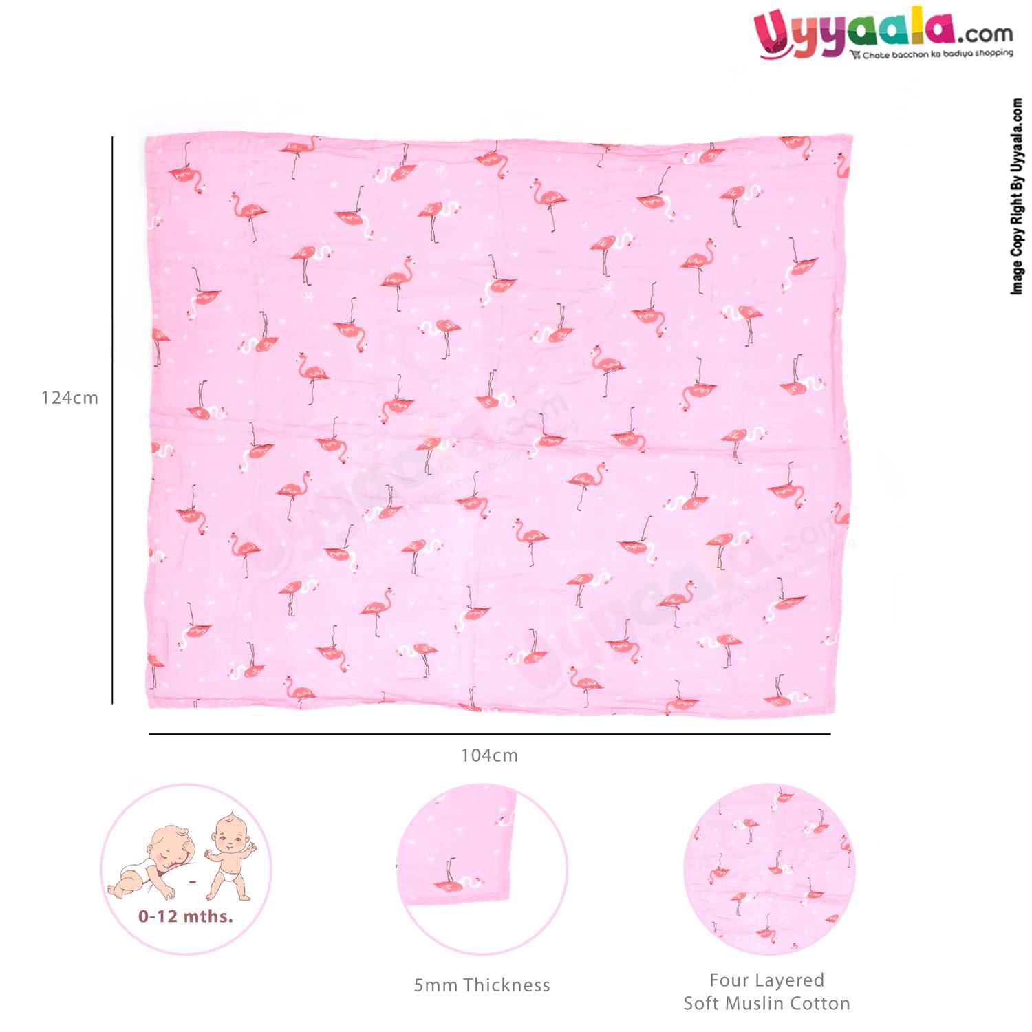 Muslin Swaddle Wrapper with Crane Bird Print for Babies 0-12m Age, Size(124*104cm)- Pink