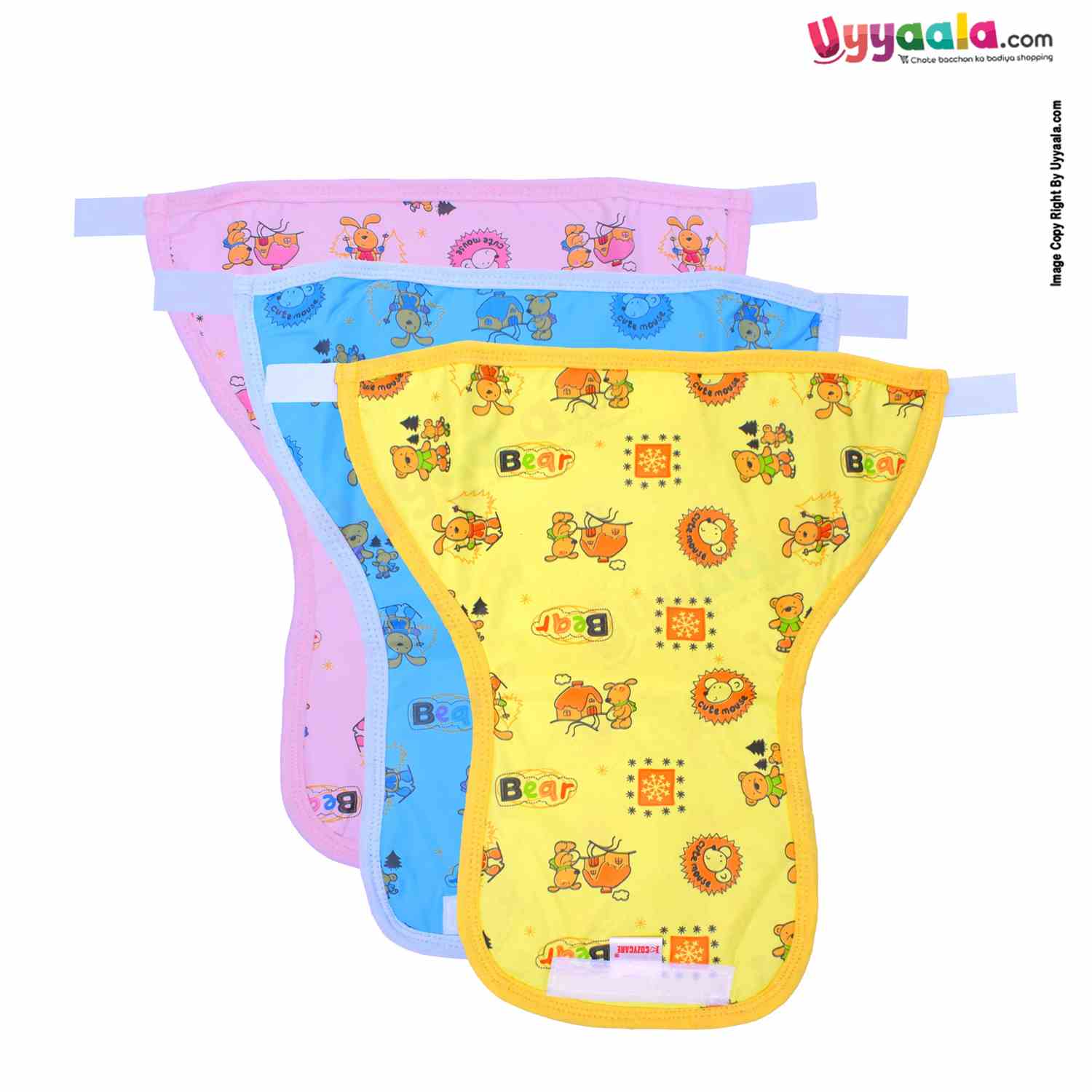 COZYCARE Washable Diapers Plastic, Velcro Bear Print Pink, Blue & Yellow without Pads- 3P Set (S)