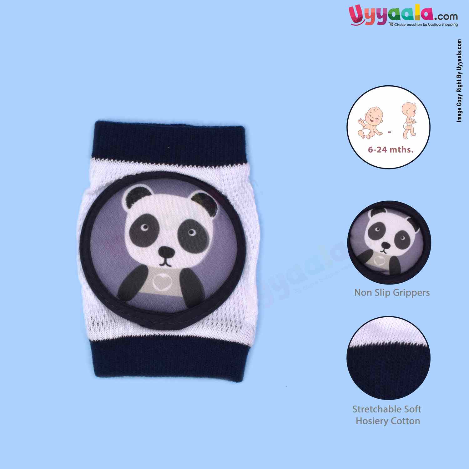 BARBIE BROWN Hosiery Cotton Stretchable Knee Protection Pads for Crawling Babies with Panda Patch Pack of 1 Pair , 6m-2y age, White & Navy Blue