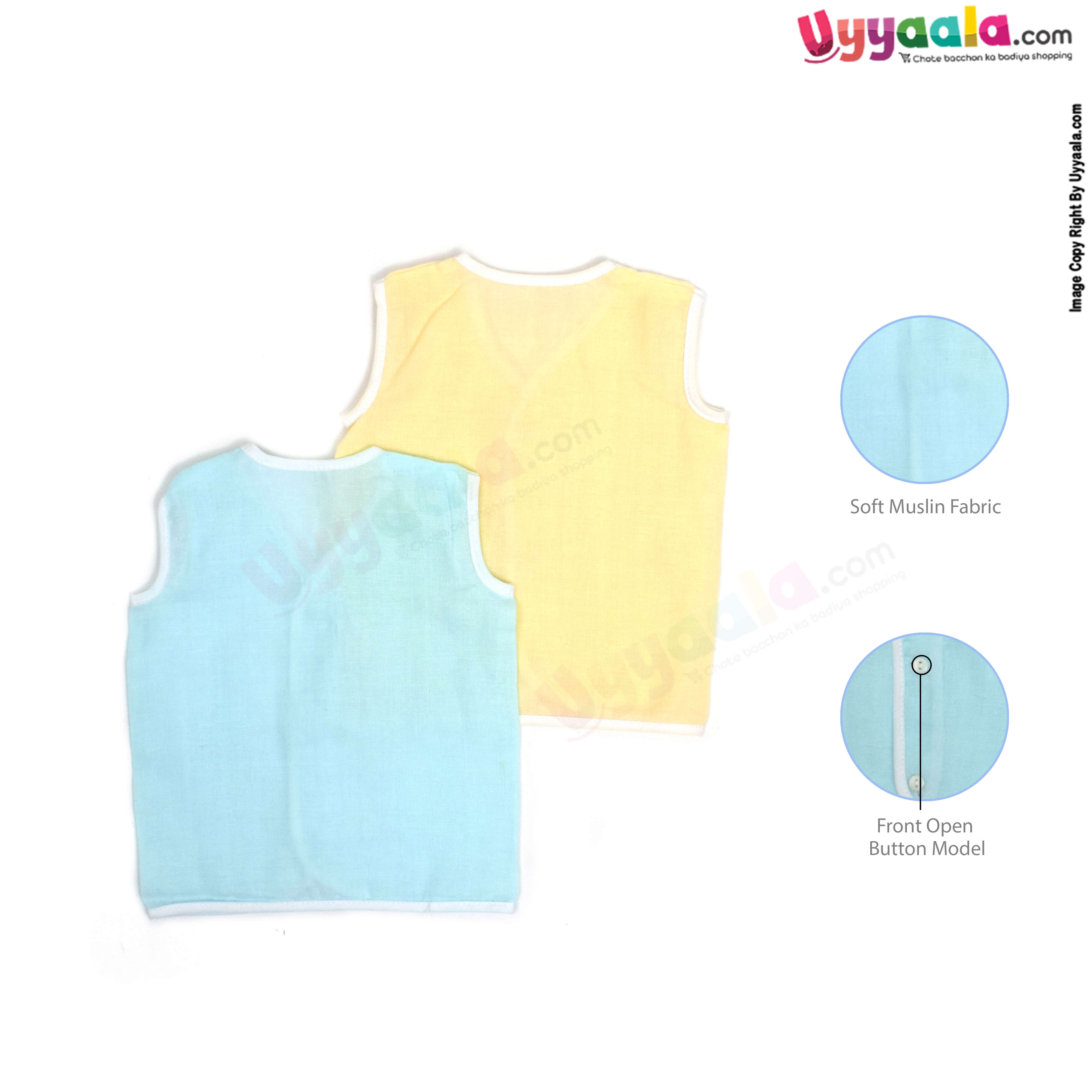 POLAR CUBS Sleeveless Baby Jabla Set, Front Opening Button Model, Premium Quality Muslin Cotton Baby Wear, 2 Pack - Yellow & Blue