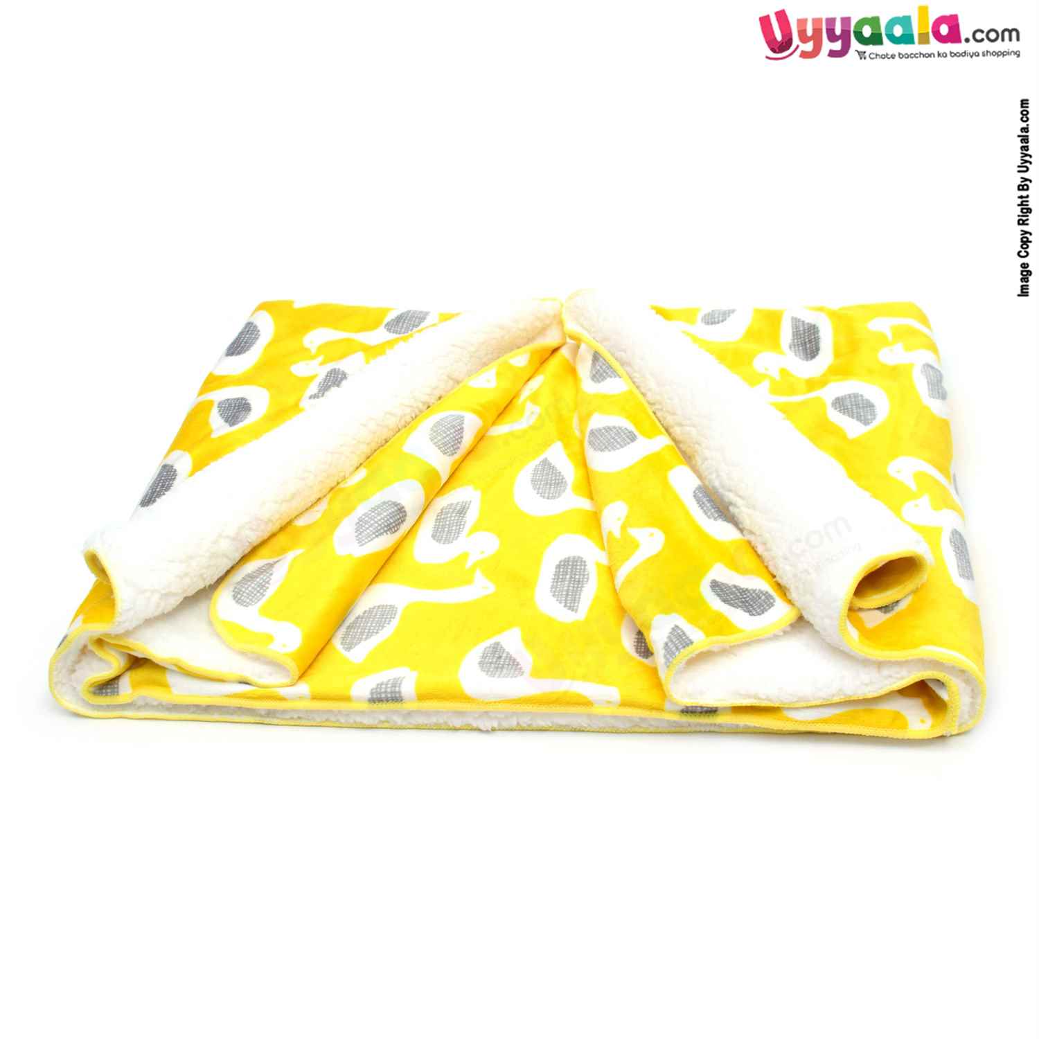 Double Layered Blanket One Side Fur & Other Side Velvet, with Swan Print 0-24m Age, Size(101*76cm) - Yellow