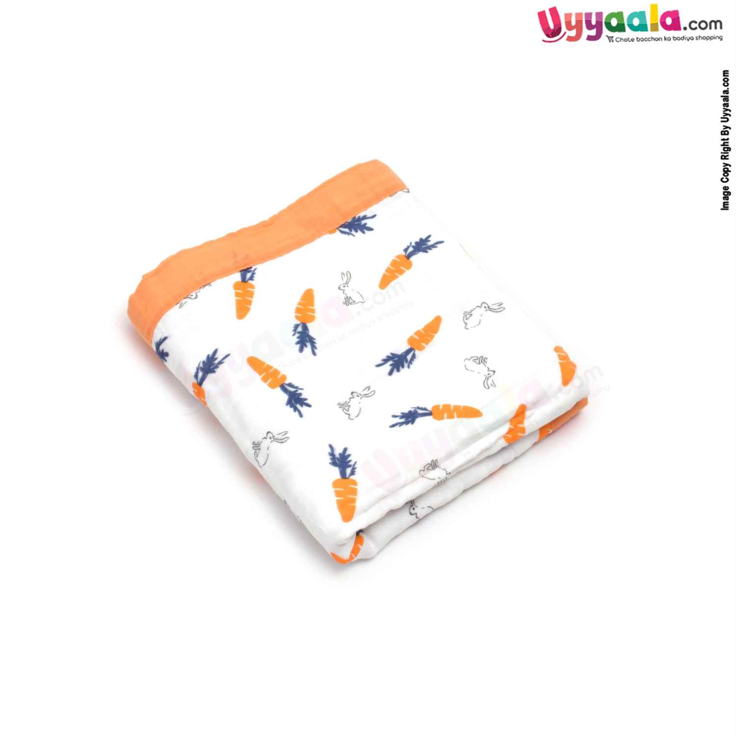 Four Layer Muslin Cotton Wrapper with Border , Rabbit & Carrot Print for Babies 0+m Age ,Size (116*101cm)-White