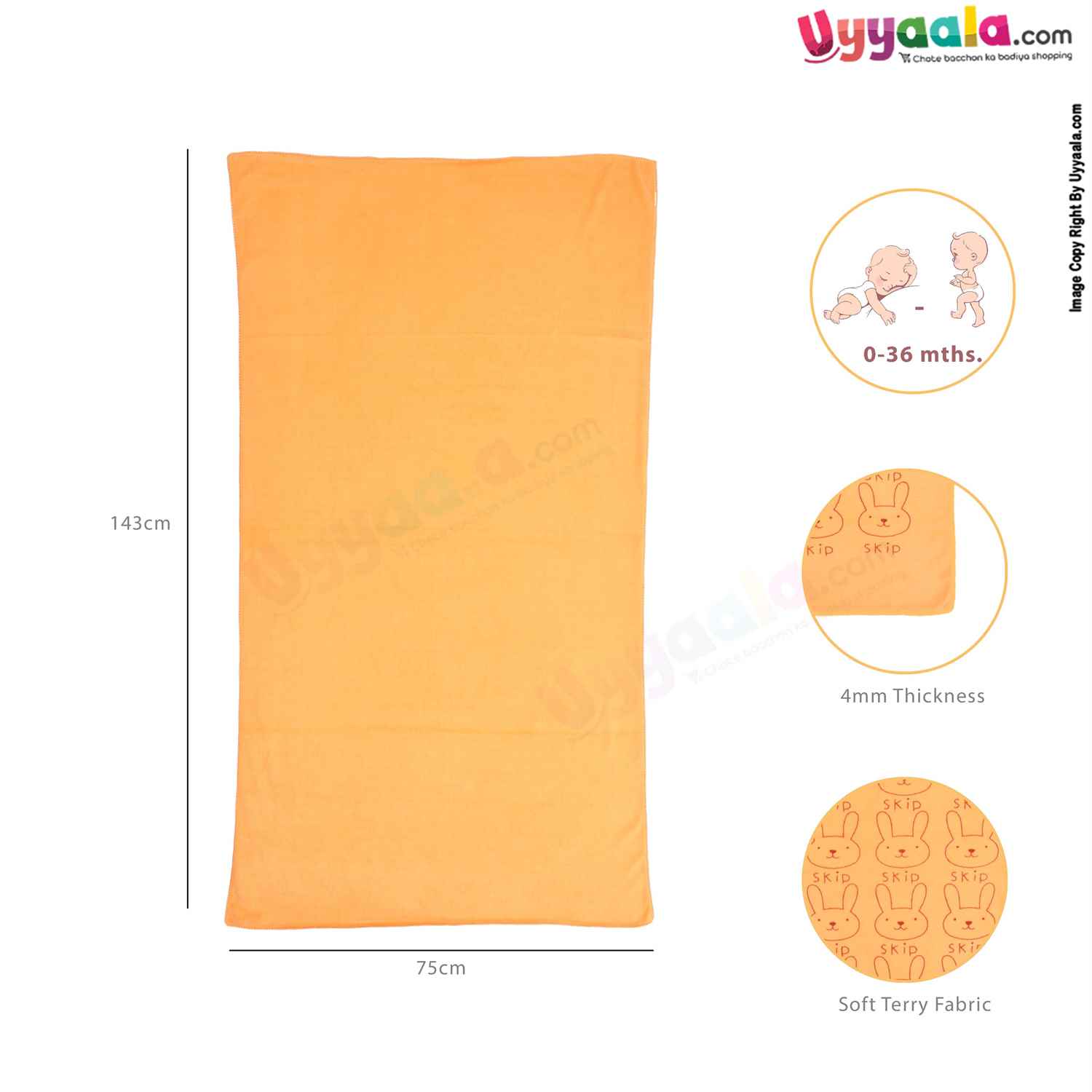 Soft Terry Bath Towel Premium with Rabbit Print for Babies 0-36m Age, Size (143*75cm)- Orange