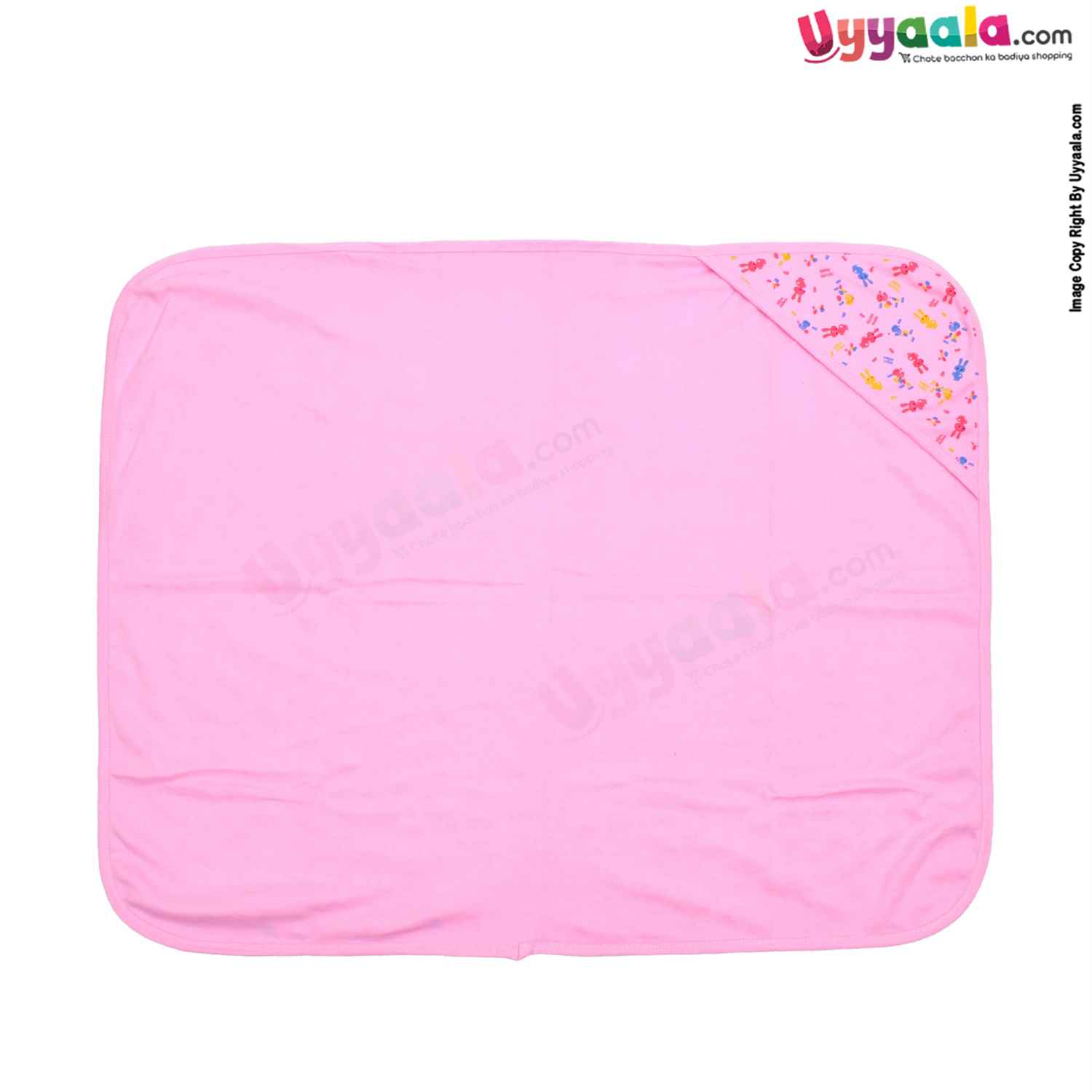Hosiery Cotton Hooded Towel for Babies with Animal Print 0-12m Age, Size (86*72cm)- Pink