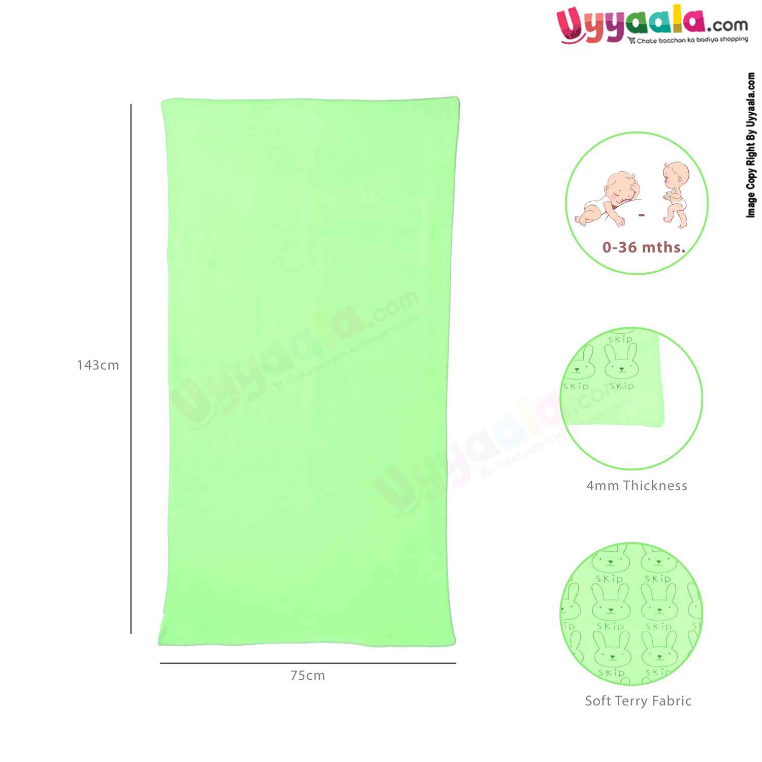 Soft Terry Bath Towel Premium with Rabbit Print for Babies 0-36m Age, Size (143*75cm)- Green