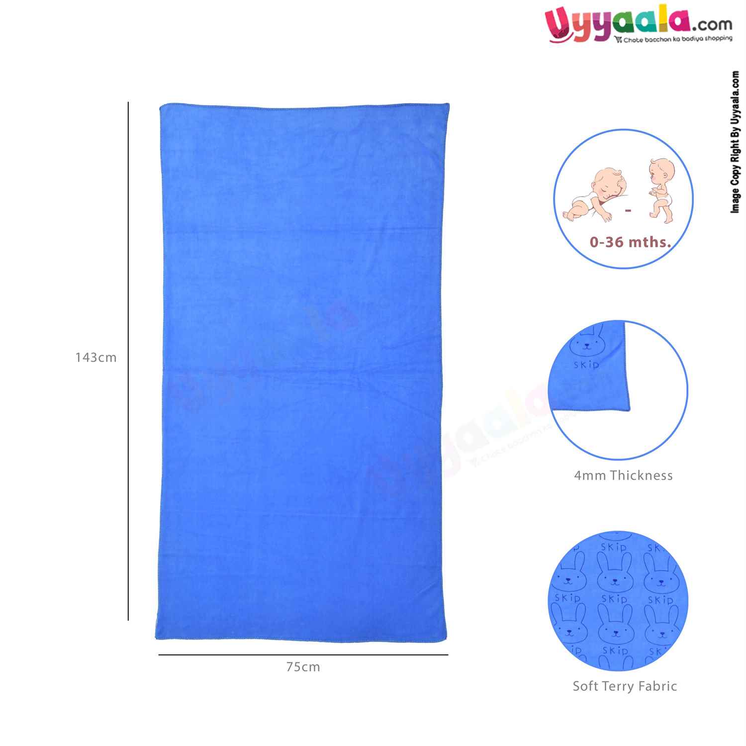 Soft Terry Bath Towel Premium with Rabbit Print for Babies 0-36m Age, Size (143*75cm)- Blue