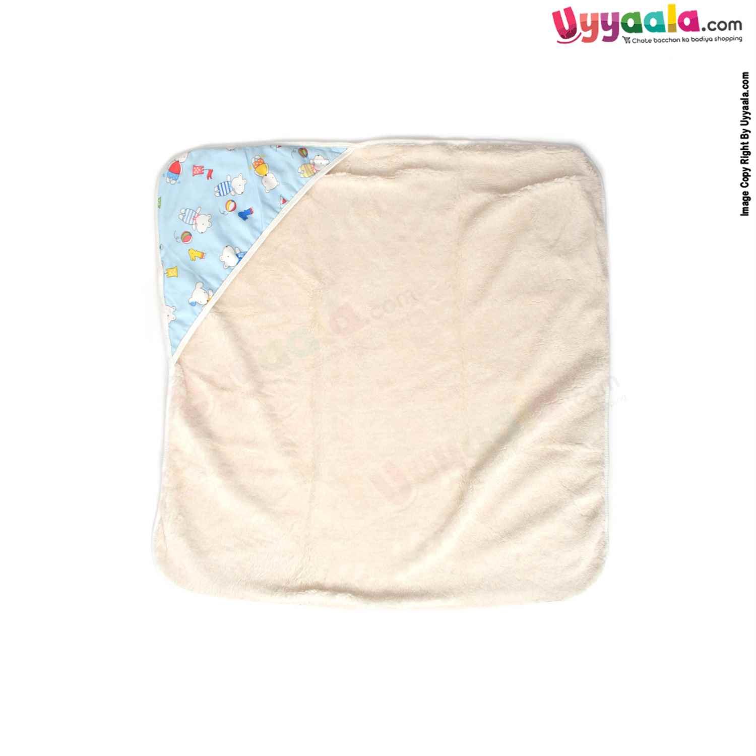 Double Layered (2 Ply) Hooded Blanket One Side Fur & Another Side Velvet with Animals Print for Babies 0-24m Age, Size(74*74cm)- Light Blue