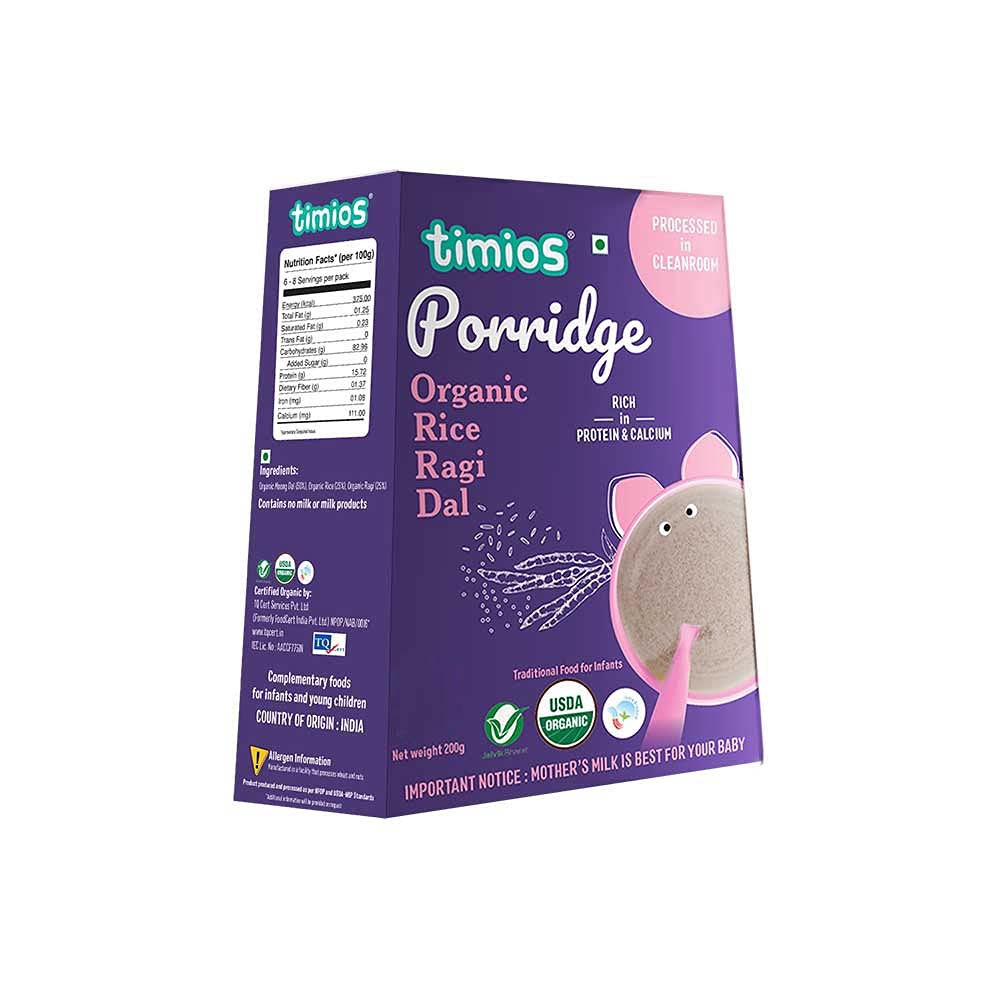 Timios Organic Rice Ragi Dal Porridge - 8 Months +